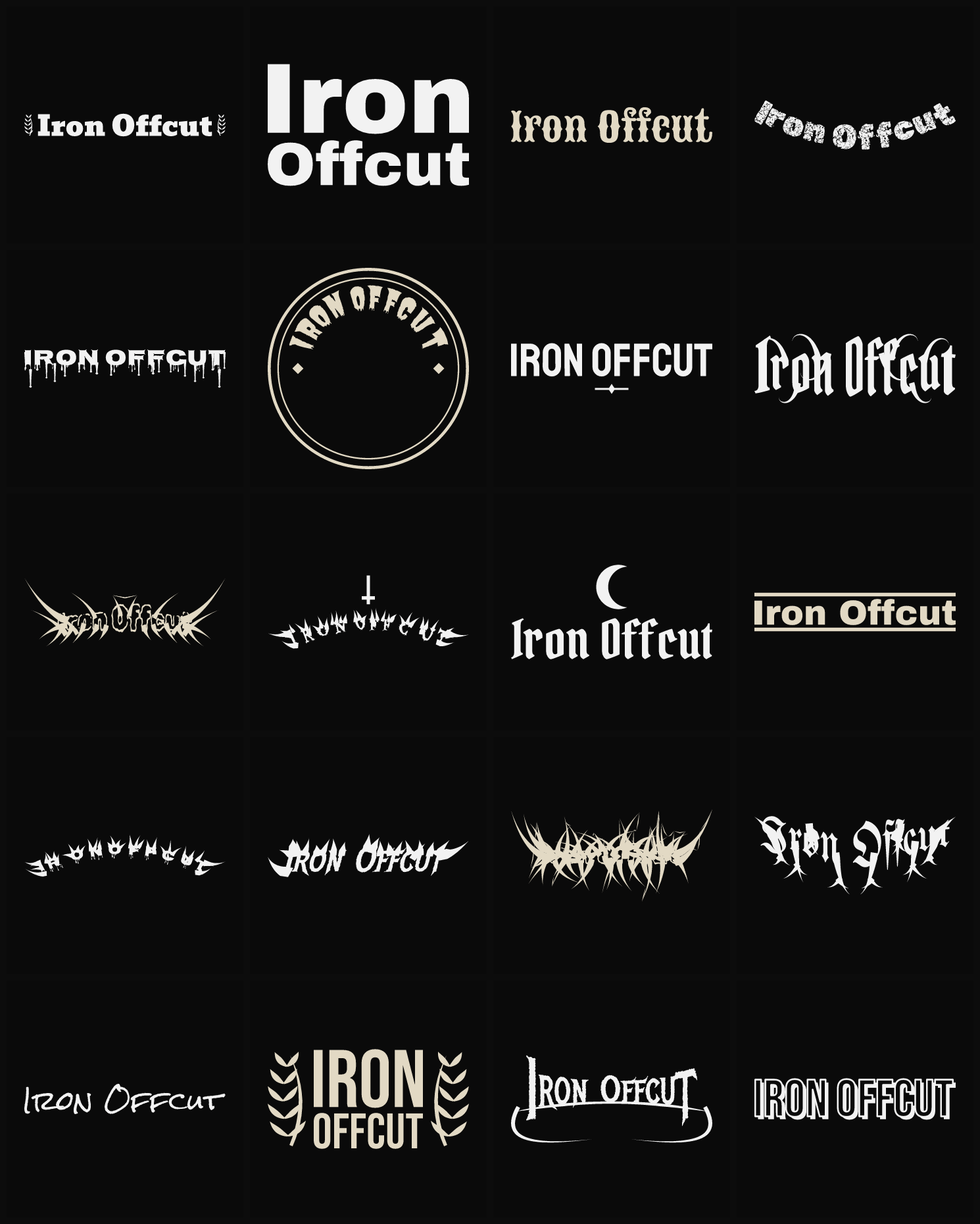 Twenty Iron Offcut band logo ideas — different faces, treatments and spike settings