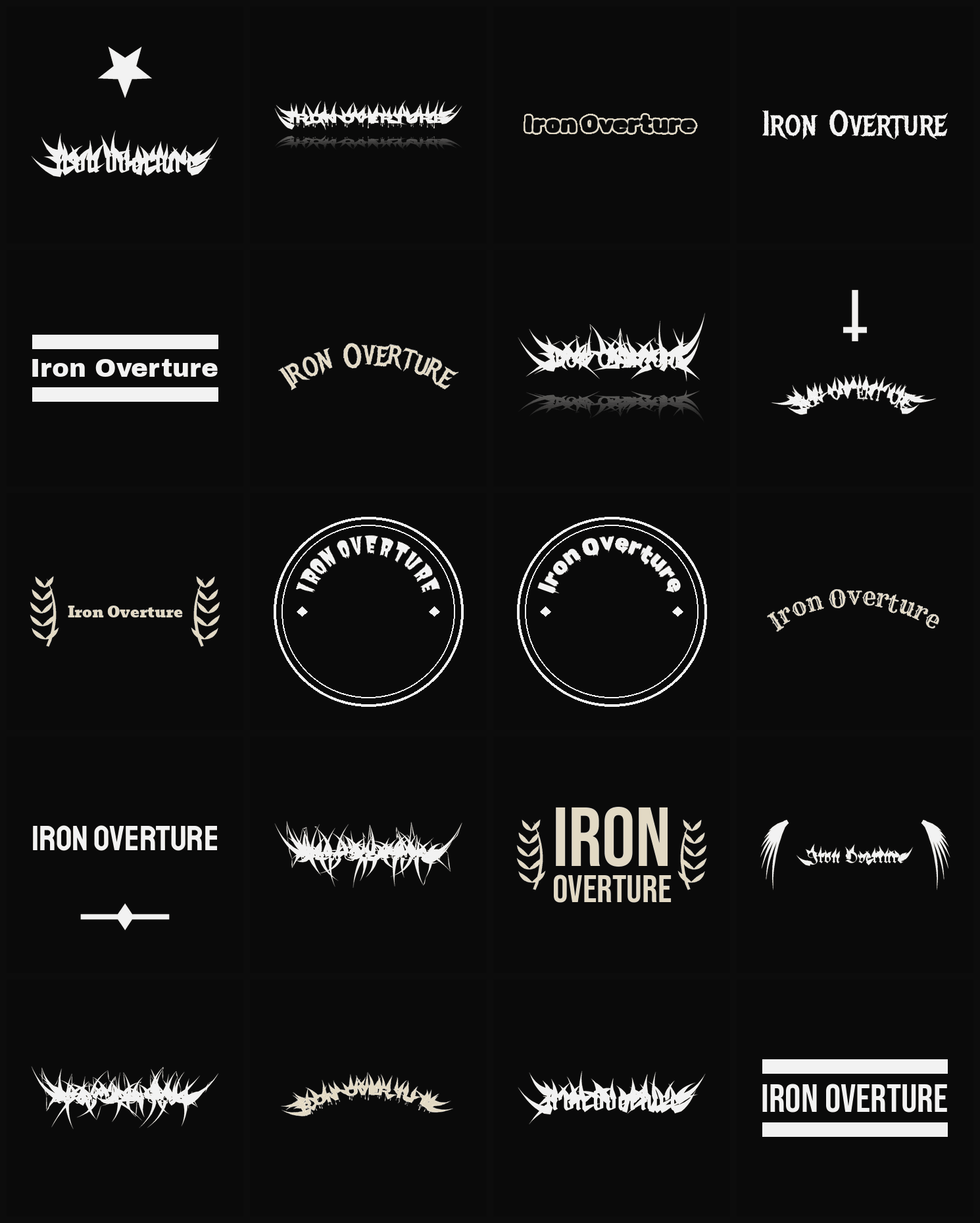 Twenty Iron Overture band logo ideas — different faces, treatments and spike settings