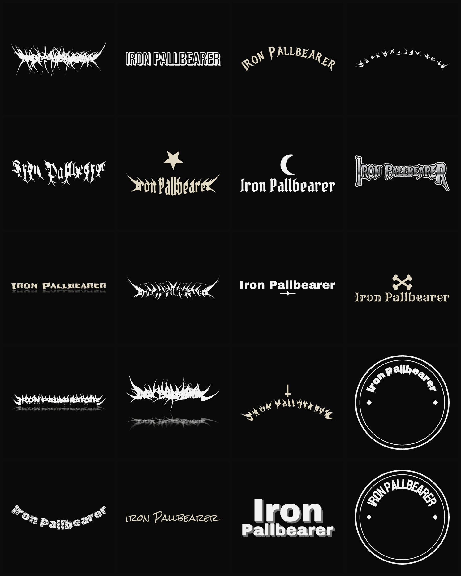 Twenty Iron Pallbearer band logo ideas — different faces, treatments and spike settings