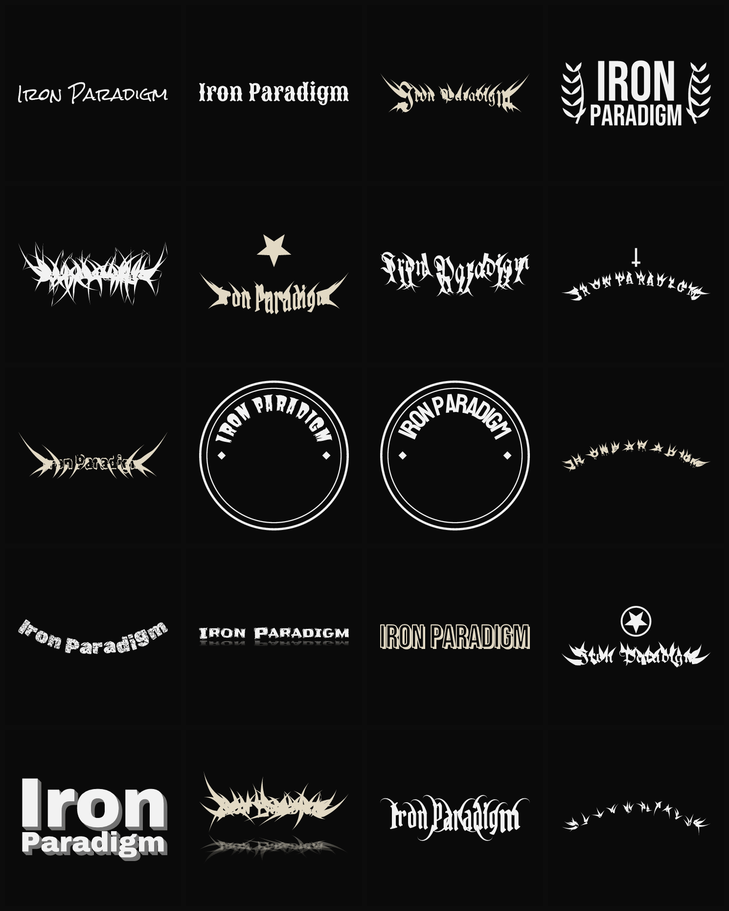 Twenty Iron Paradigm band logo ideas — different faces, treatments and spike settings