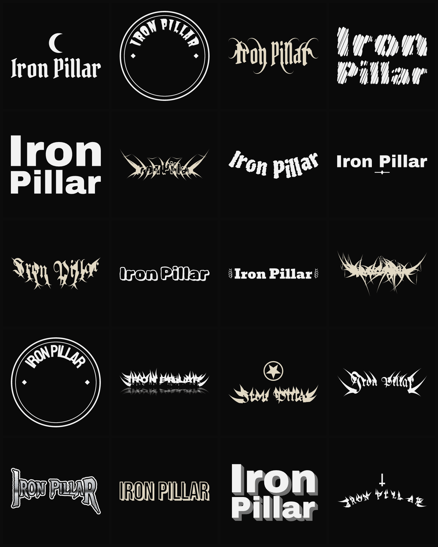 Twenty Iron Pillar band logo ideas — different faces, treatments and spike settings