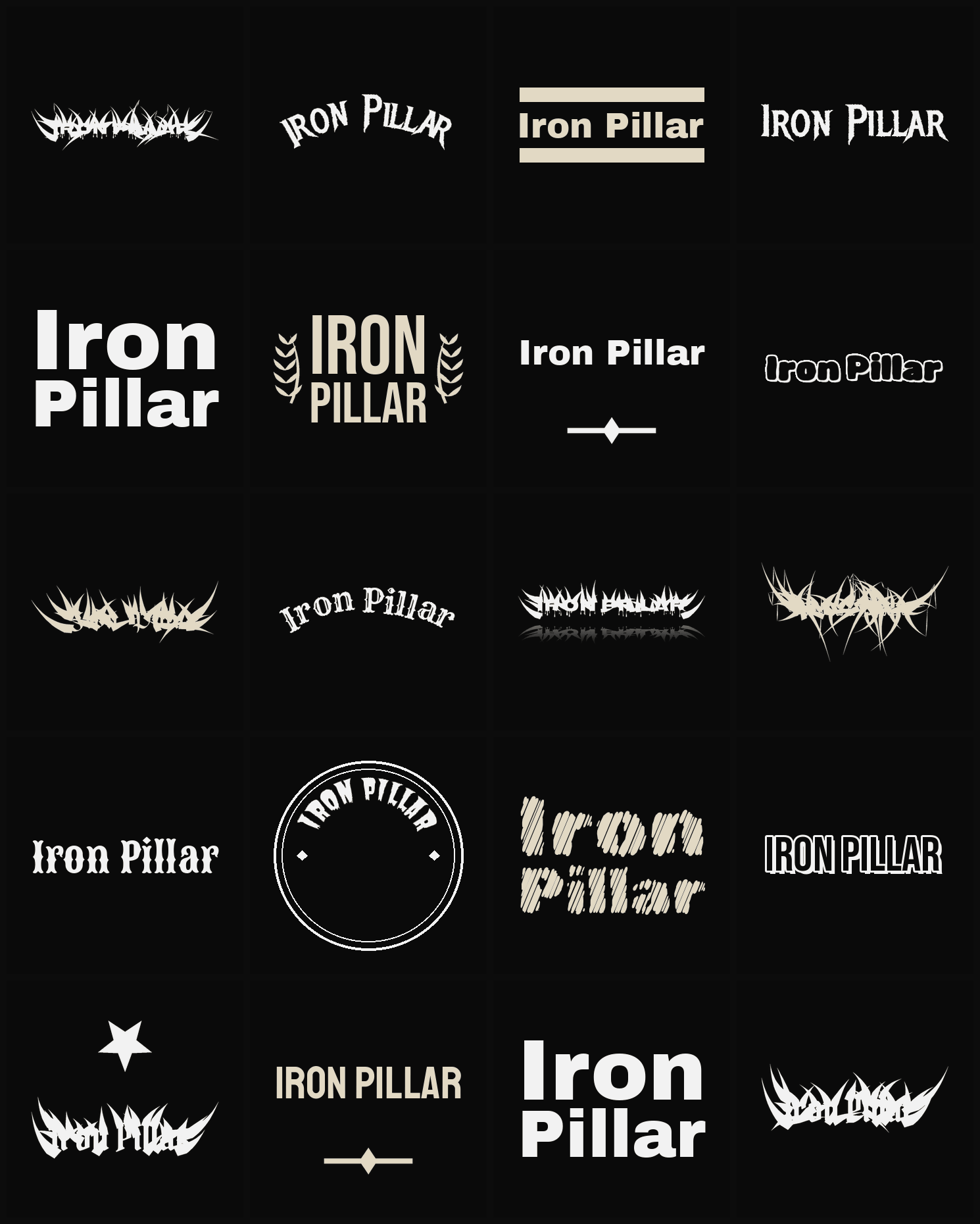 Twenty Iron Pillar band logo ideas — different faces, treatments and spike settings