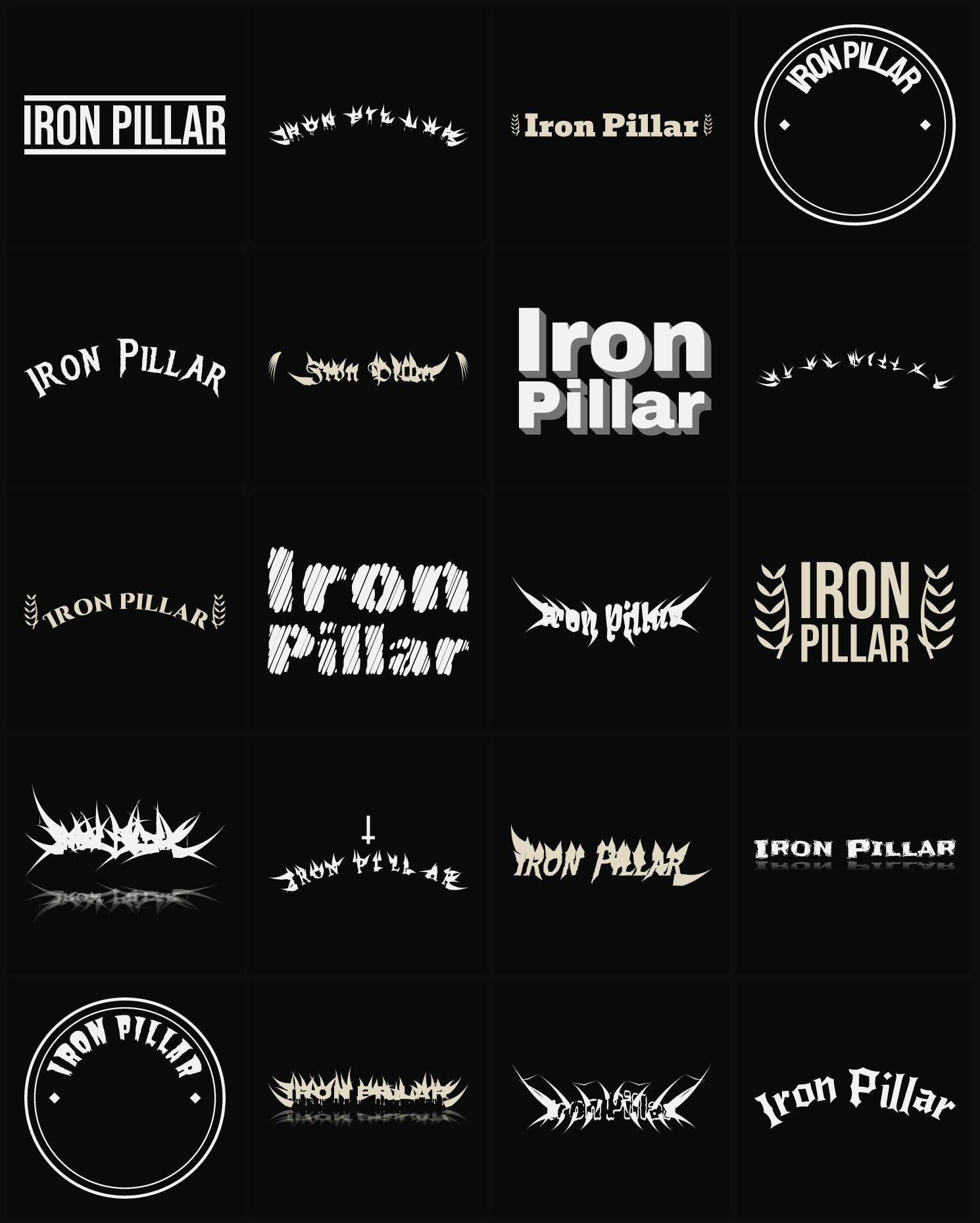 Twenty Iron Pillar band logo ideas — different faces, treatments and spike settings
