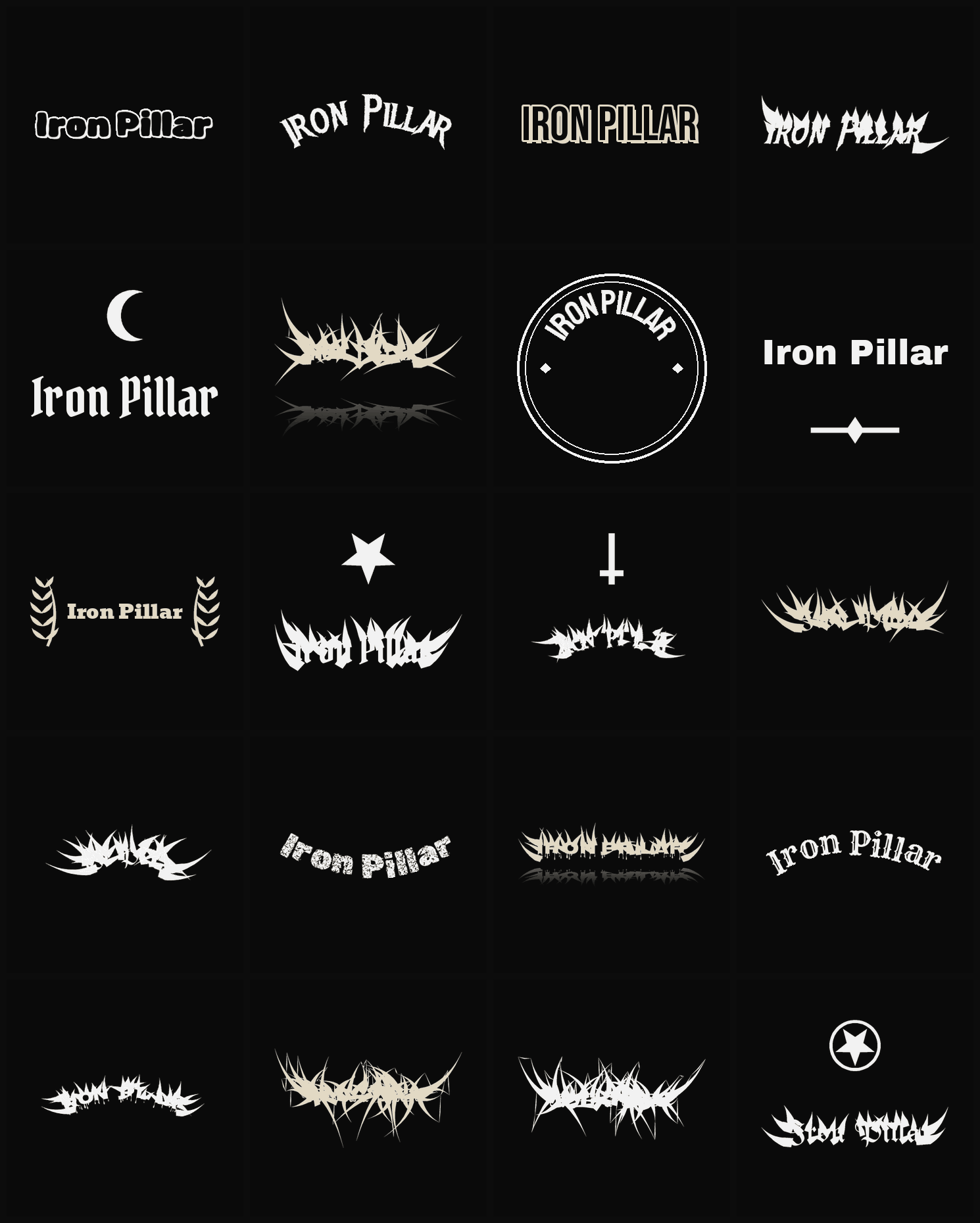 Twenty Iron Pillar band logo ideas — different faces, treatments and spike settings