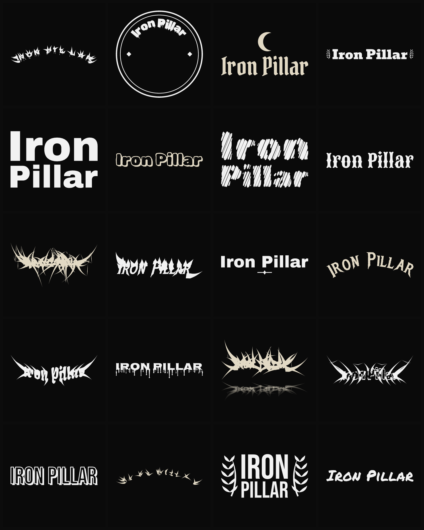 Twenty Iron Pillar band logo ideas — different faces, treatments and spike settings