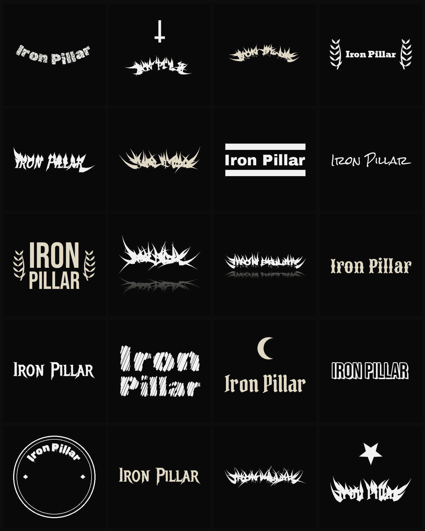 Twenty Iron Pillar band logo ideas — different faces, treatments and spike settings