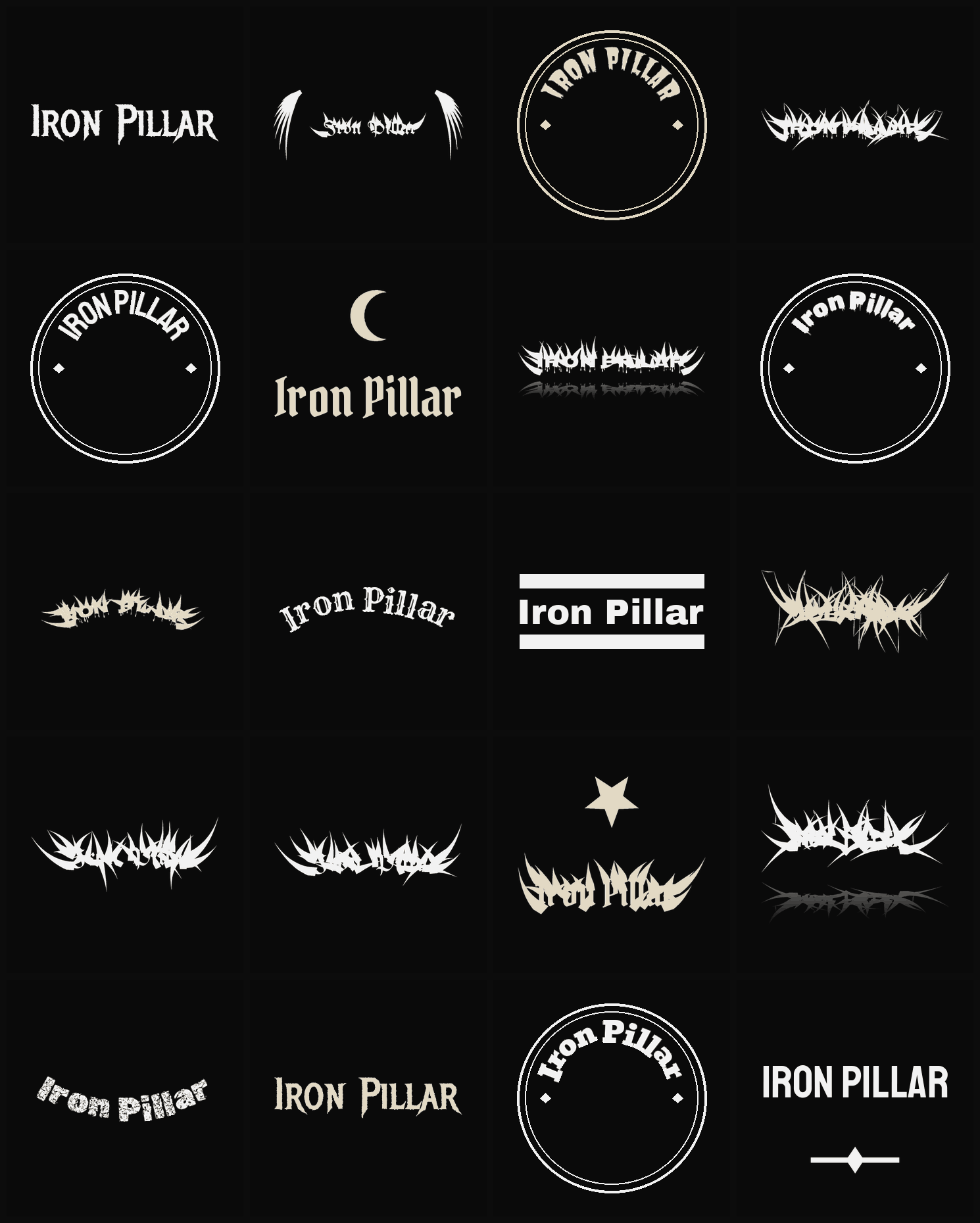 Twenty Iron Pillar band logo ideas — different faces, treatments and spike settings