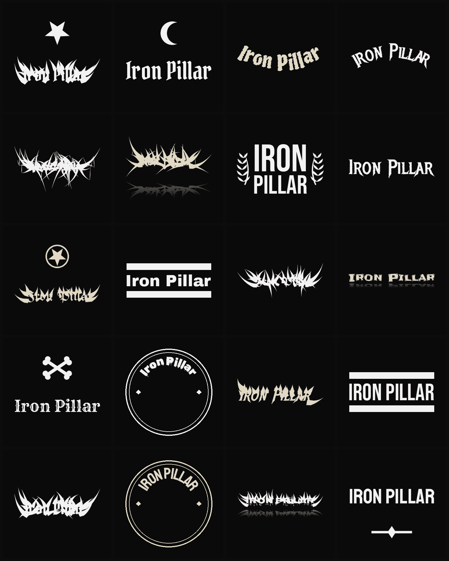 Twenty Iron Pillar band logo ideas — different faces, treatments and spike settings