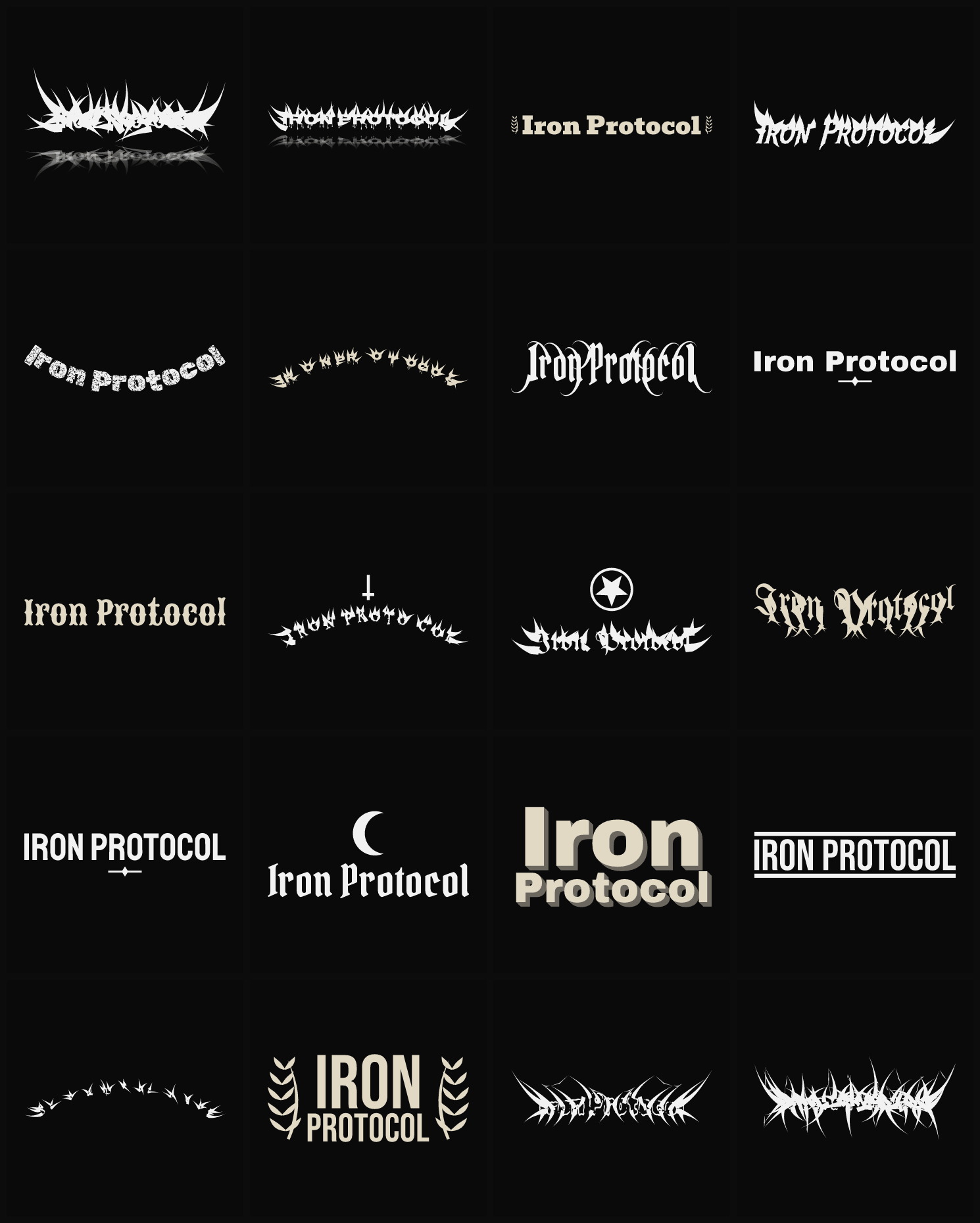 Twenty Iron Protocol band logo ideas — different faces, treatments and spike settings