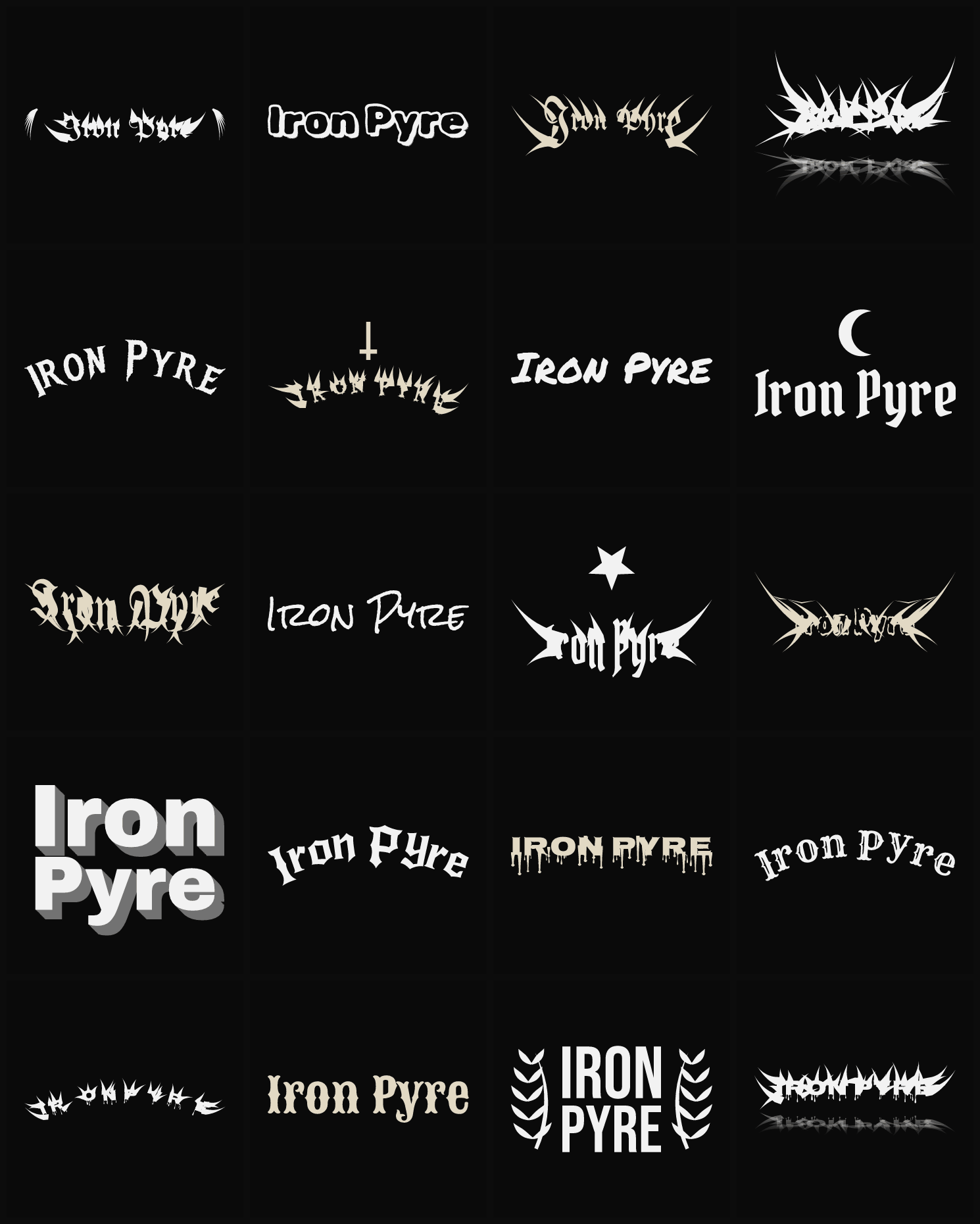 Twenty Iron Pyre band logo ideas — different faces, treatments and spike settings