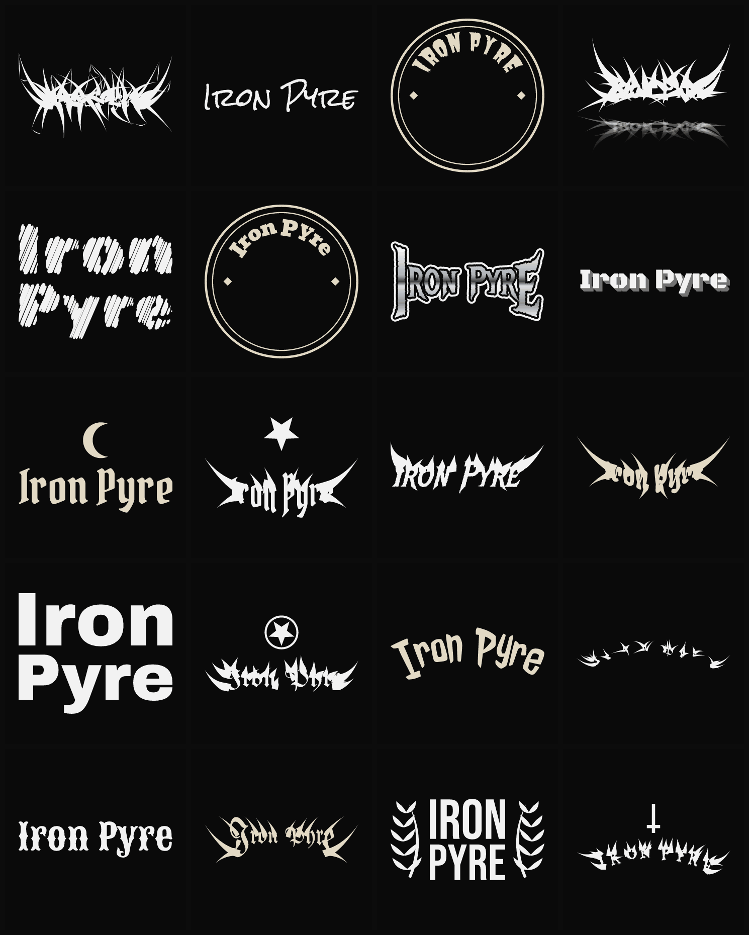 Twenty Iron Pyre band logo ideas — different faces, treatments and spike settings