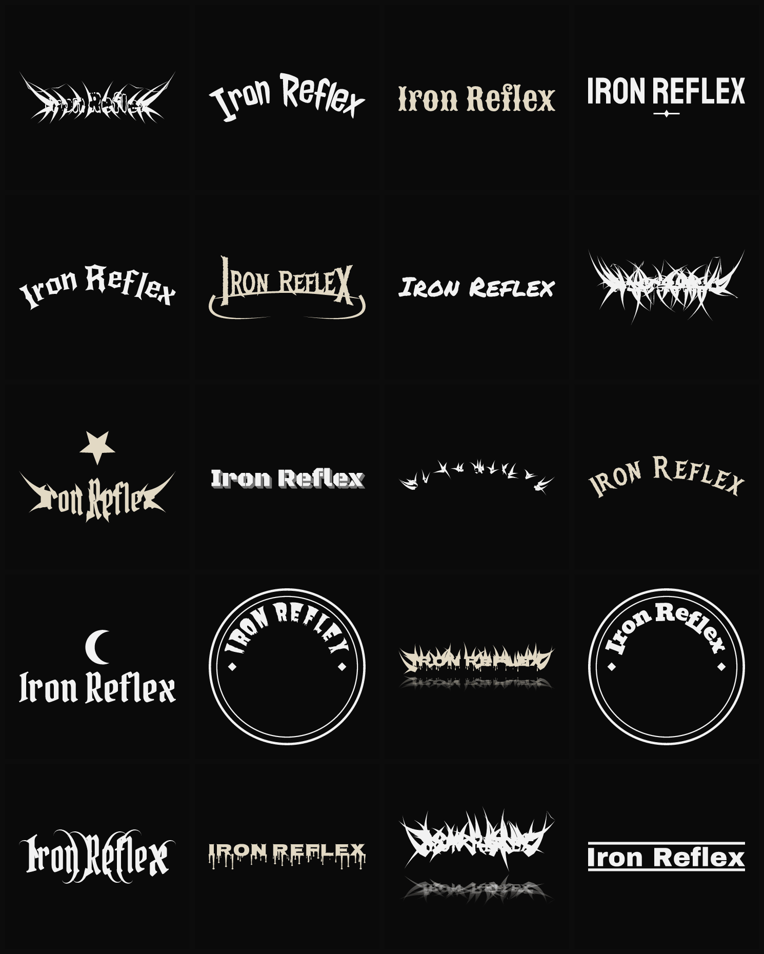 Twenty Iron Reflex band logo ideas — different faces, treatments and spike settings
