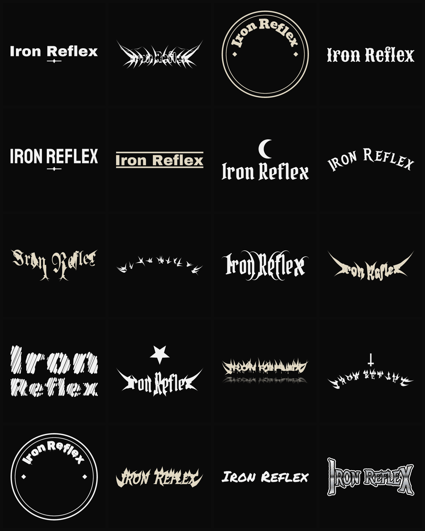 Twenty Iron Reflex band logo ideas — different faces, treatments and spike settings