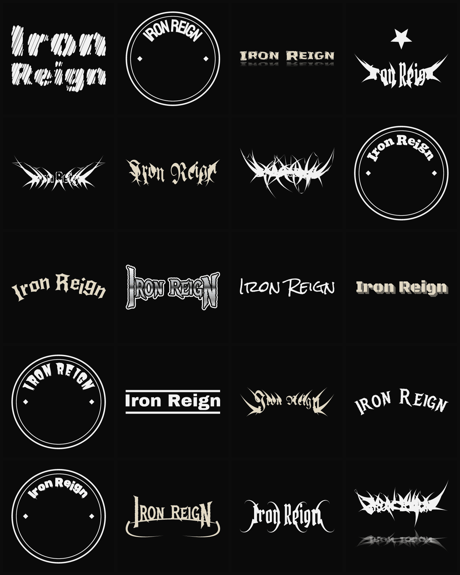 Twenty Iron Reign band logo ideas — different faces, treatments and spike settings