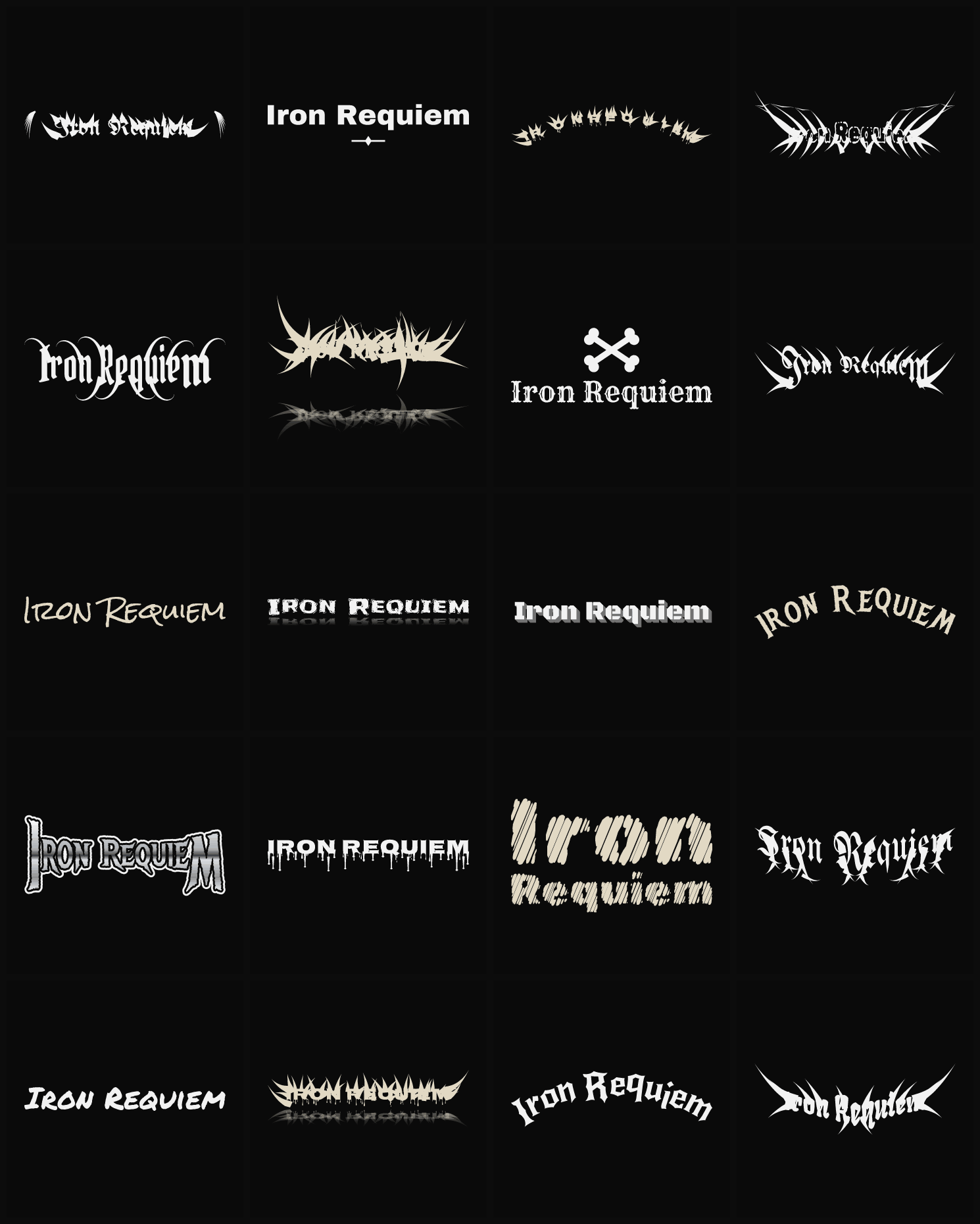 Twenty Iron Requiem band logo ideas — different faces, treatments and spike settings