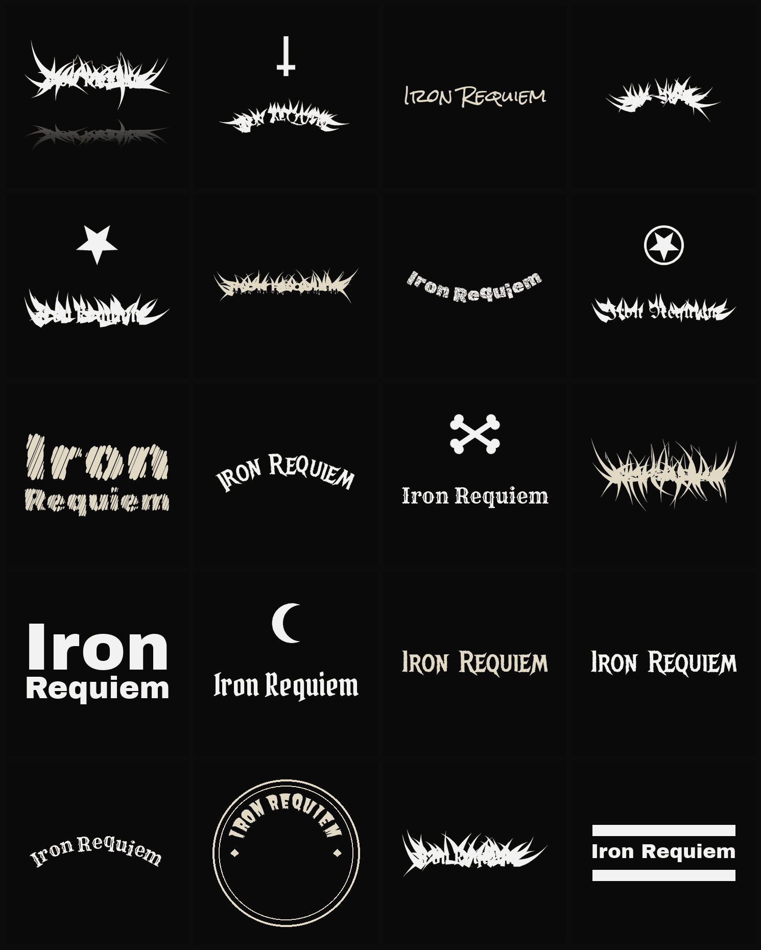 Twenty Iron Requiem band logo ideas — different faces, treatments and spike settings