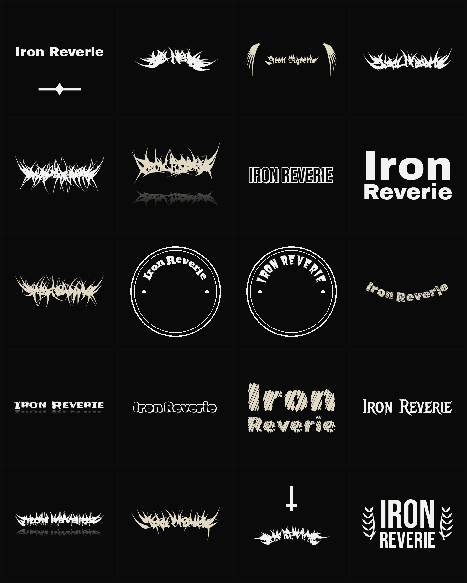 Twenty Iron Reverie band logo ideas — different faces, treatments and spike settings