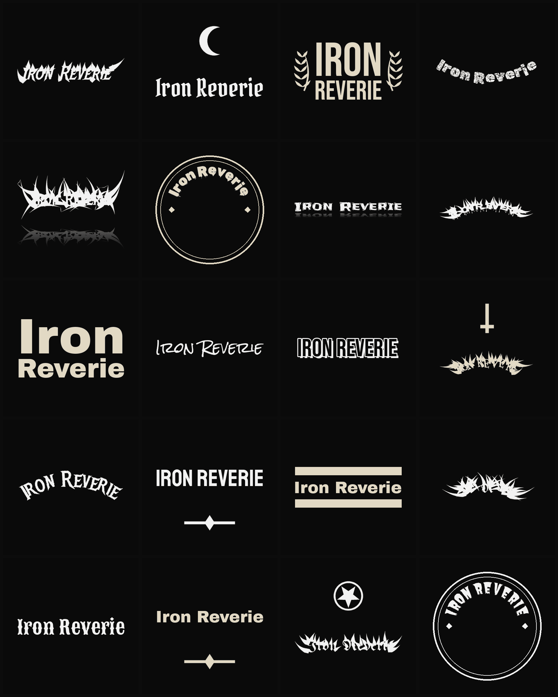 Twenty Iron Reverie band logo ideas — different faces, treatments and spike settings
