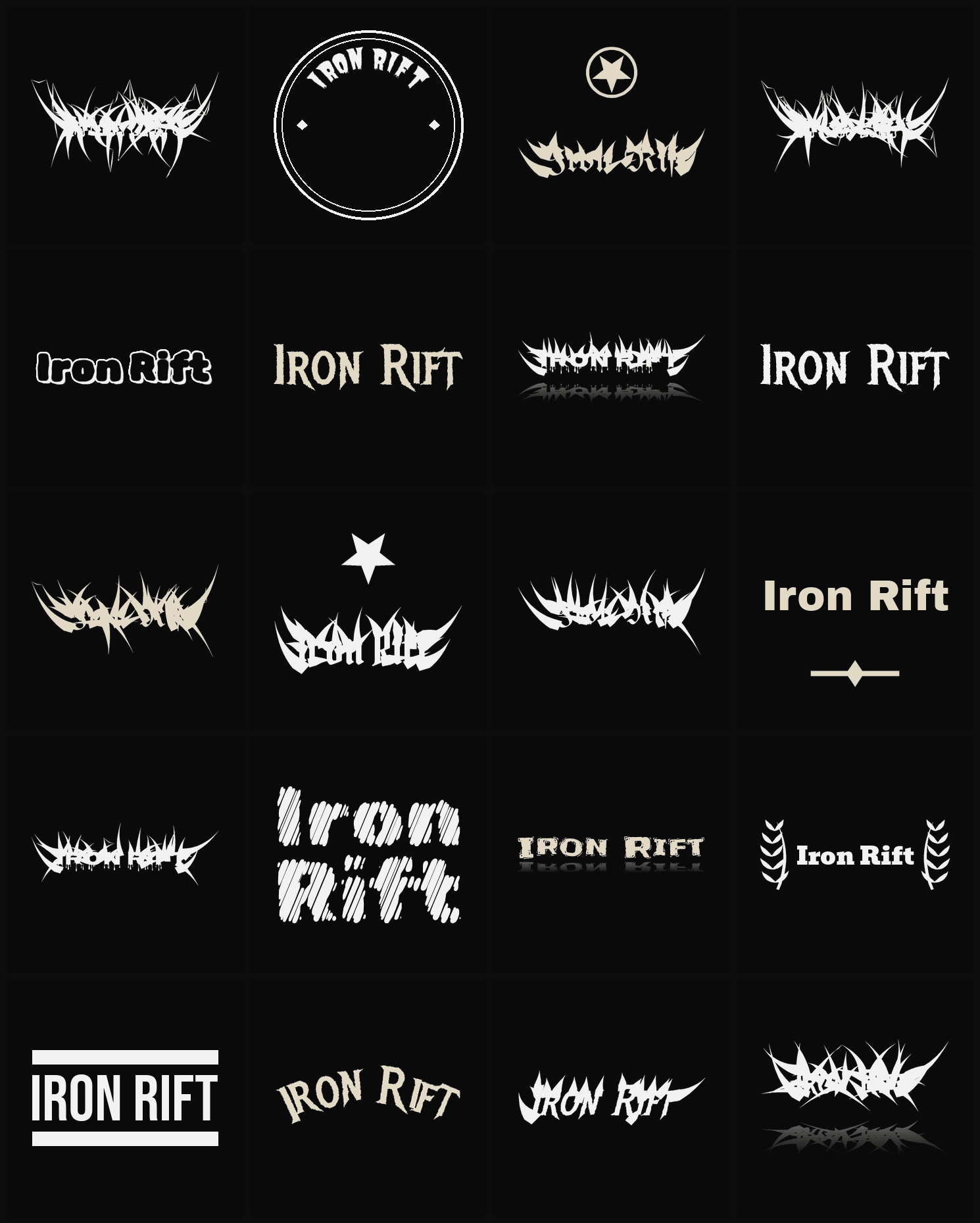 Twenty Iron Rift band logo ideas — different faces, treatments and spike settings