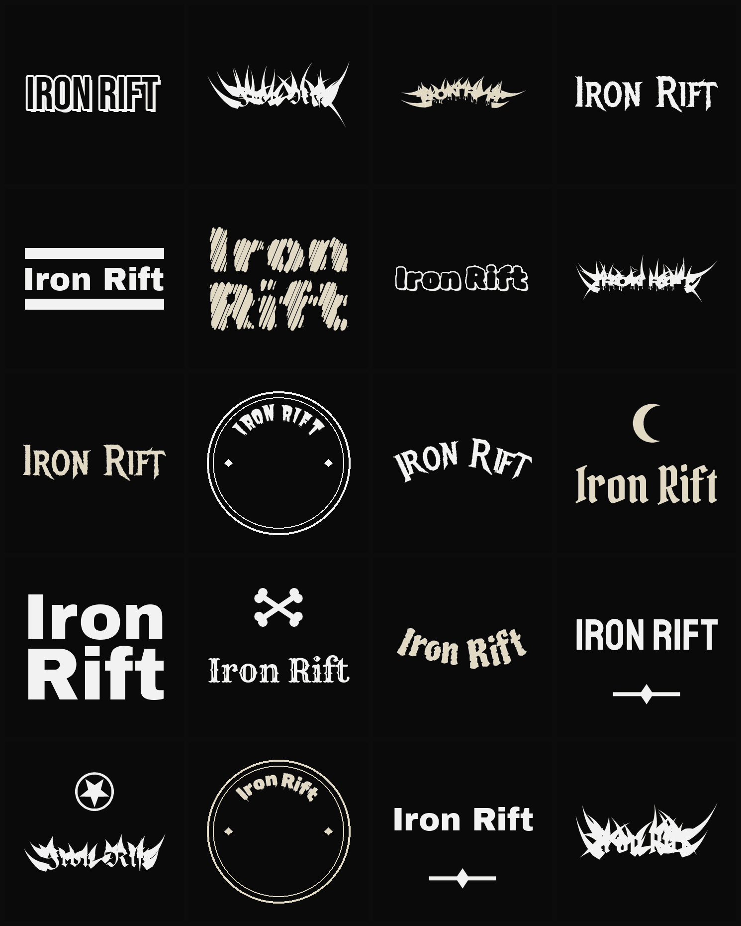 Twenty Iron Rift band logo ideas — different faces, treatments and spike settings