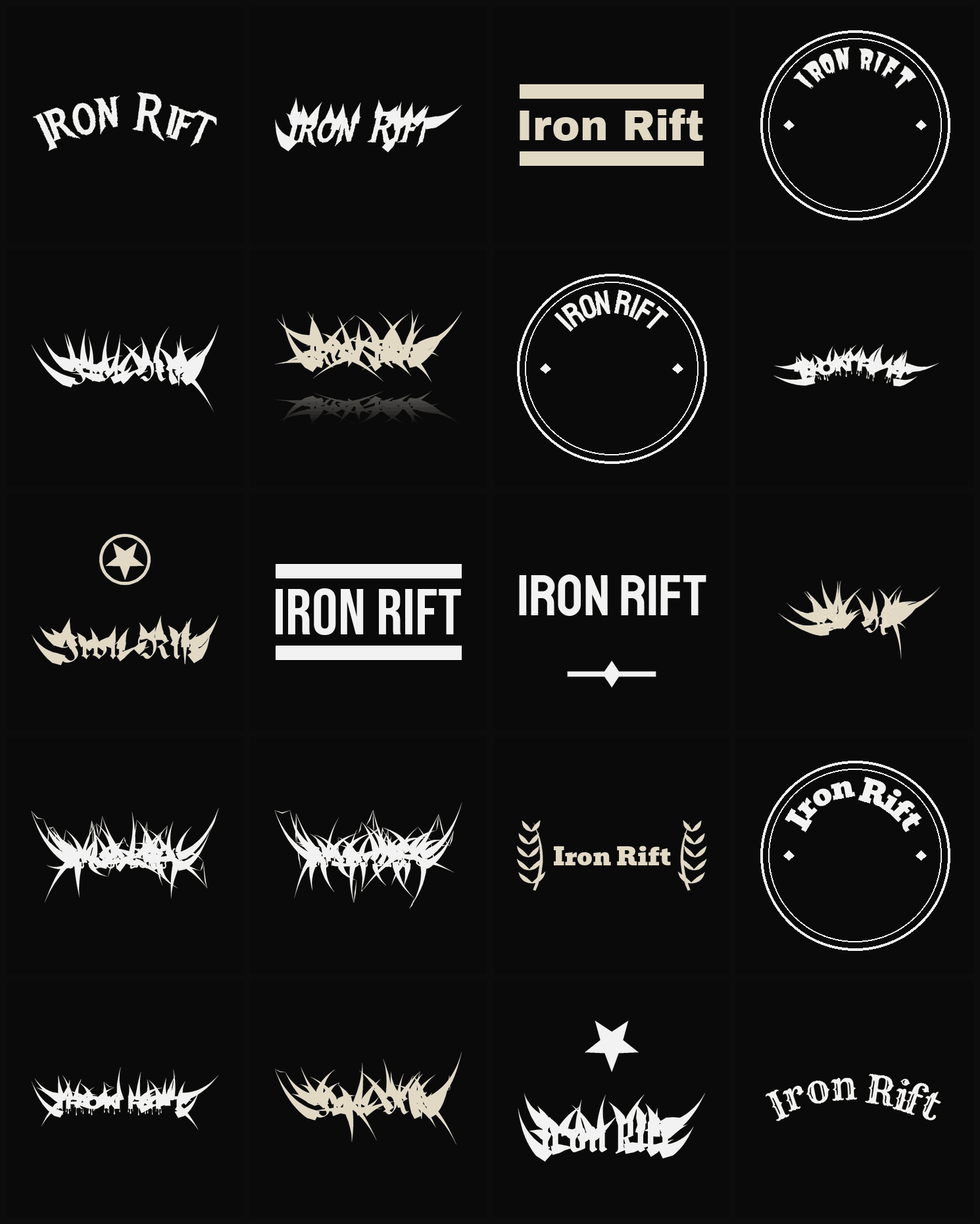 Twenty Iron Rift band logo ideas — different faces, treatments and spike settings