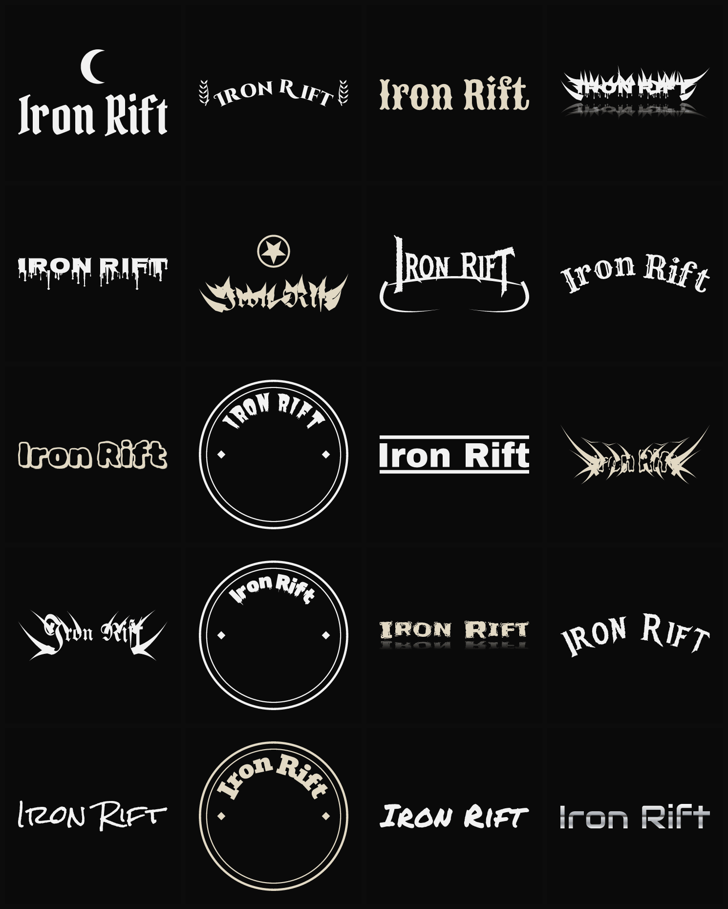 Twenty Iron Rift band logo ideas — different faces, treatments and spike settings