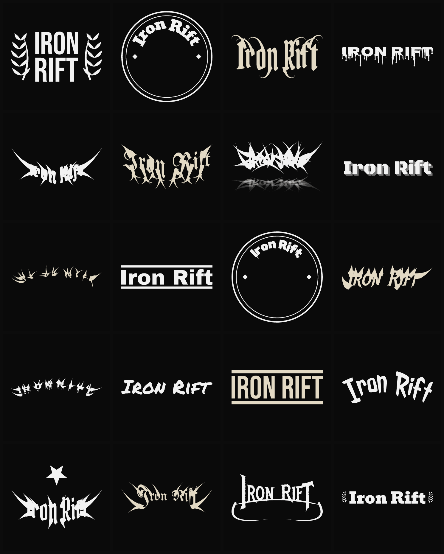 Twenty Iron Rift band logo ideas — different faces, treatments and spike settings