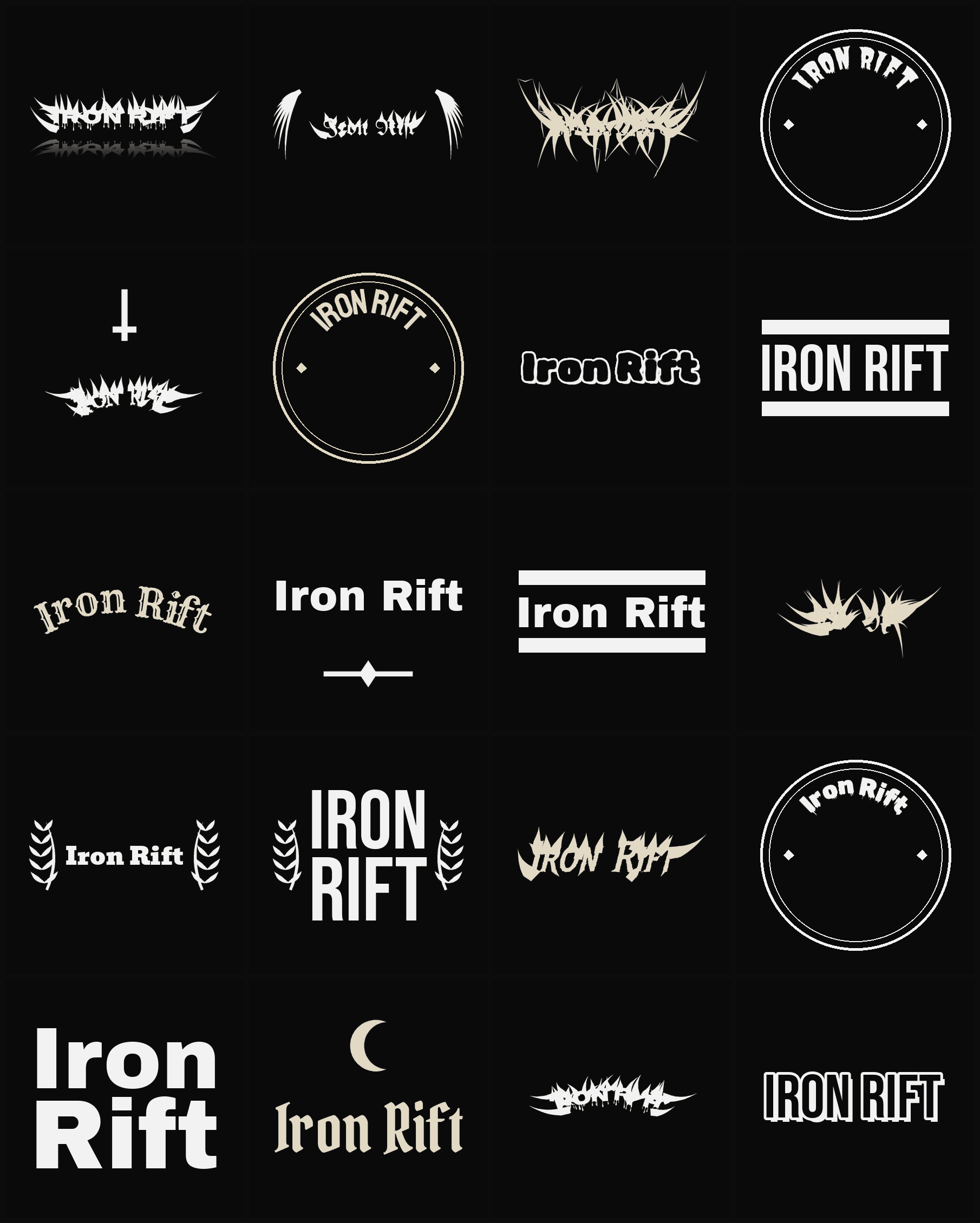 Twenty Iron Rift band logo ideas — different faces, treatments and spike settings