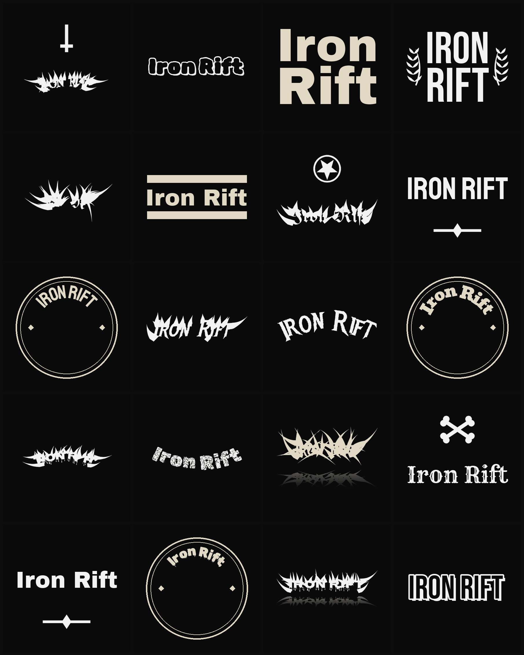 Twenty Iron Rift band logo ideas — different faces, treatments and spike settings