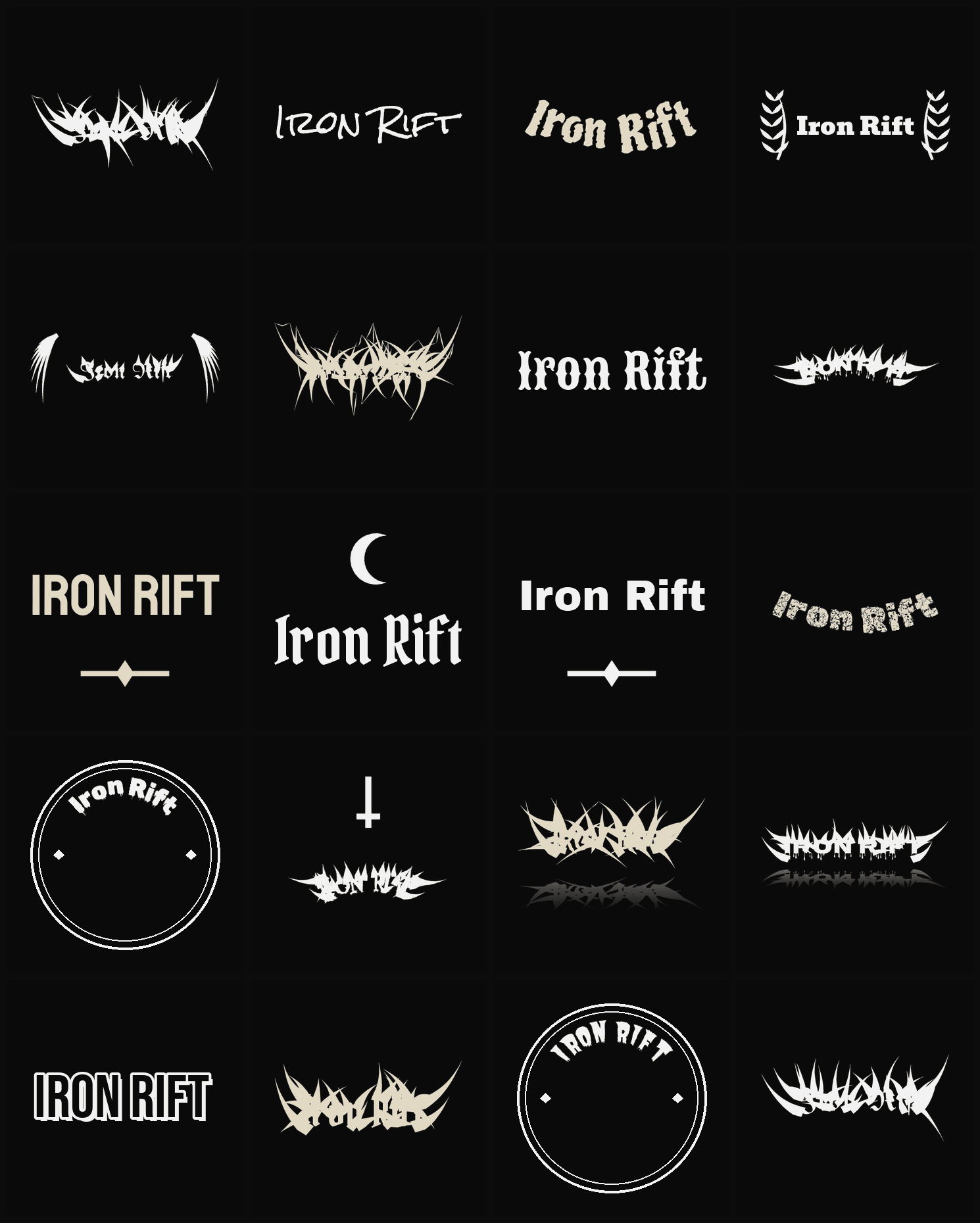 Twenty Iron Rift band logo ideas — different faces, treatments and spike settings