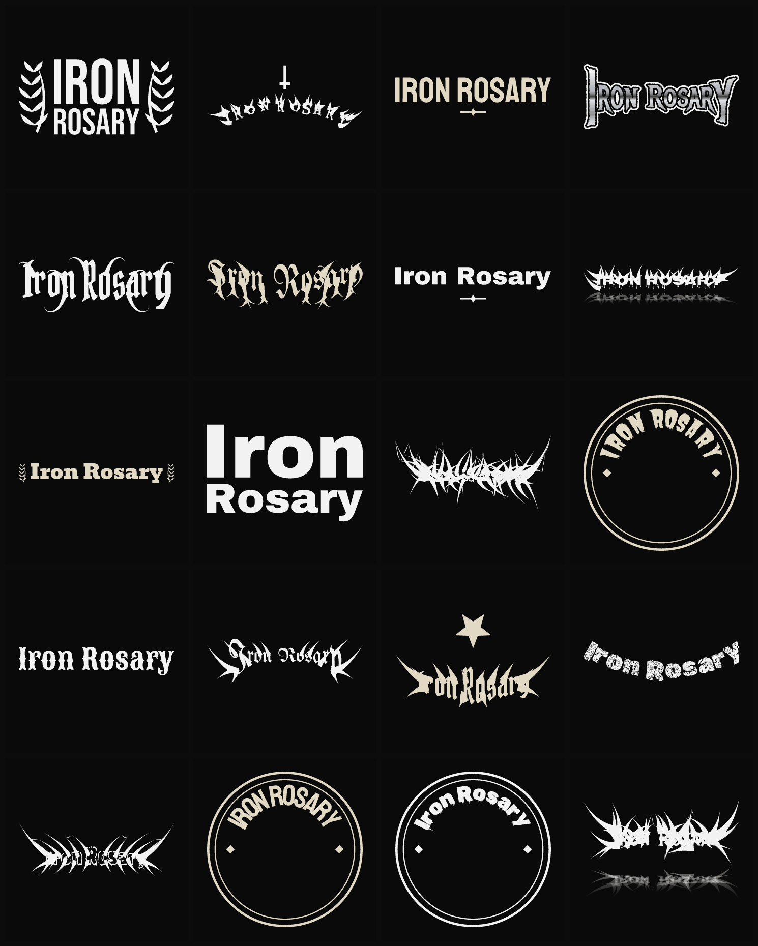 Twenty Iron Rosary band logo ideas — different faces, treatments and spike settings