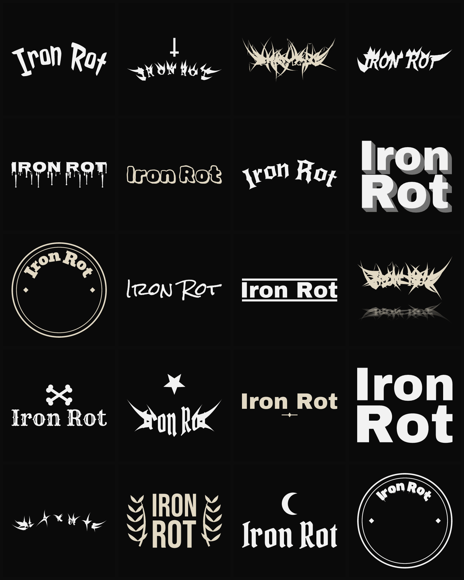 Twenty Iron Rot band logo ideas — different faces, treatments and spike settings
