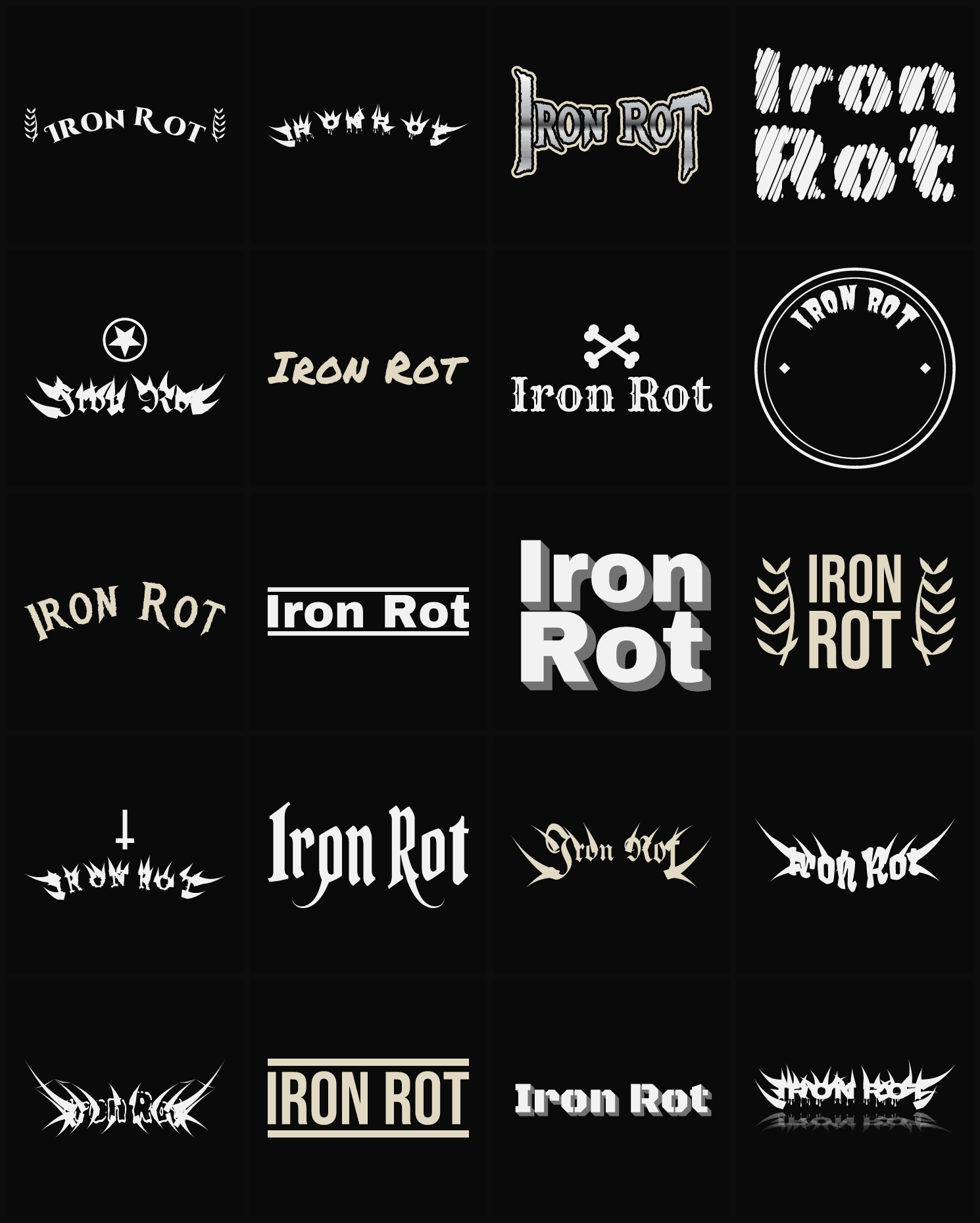 Twenty Iron Rot band logo ideas — different faces, treatments and spike settings