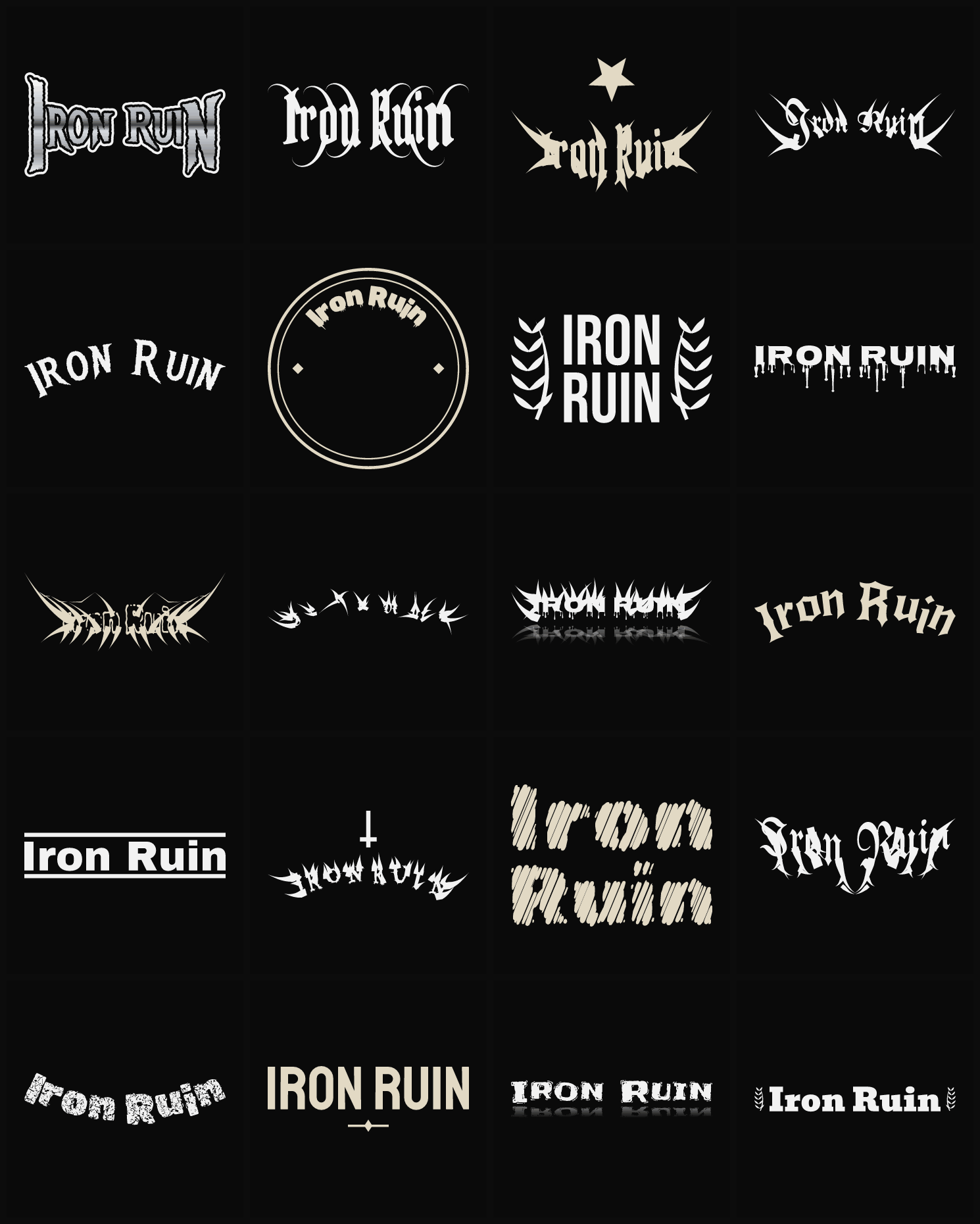 Twenty Iron Ruin band logo ideas — different faces, treatments and spike settings