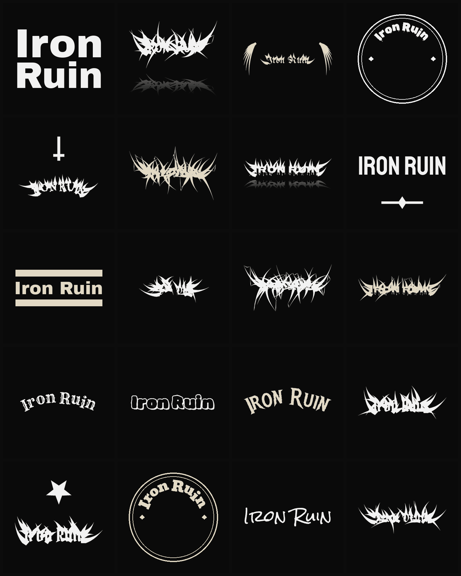 Twenty Iron Ruin band logo ideas — different faces, treatments and spike settings