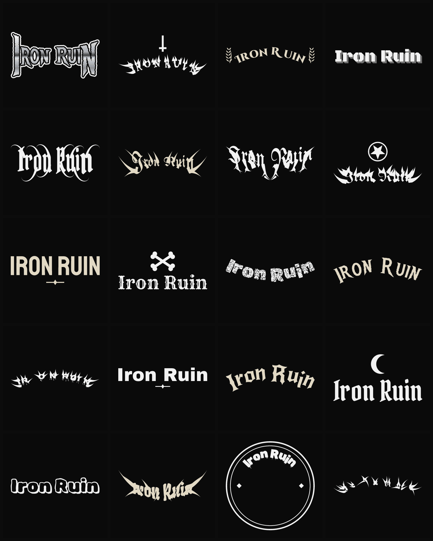 Twenty Iron Ruin band logo ideas — different faces, treatments and spike settings