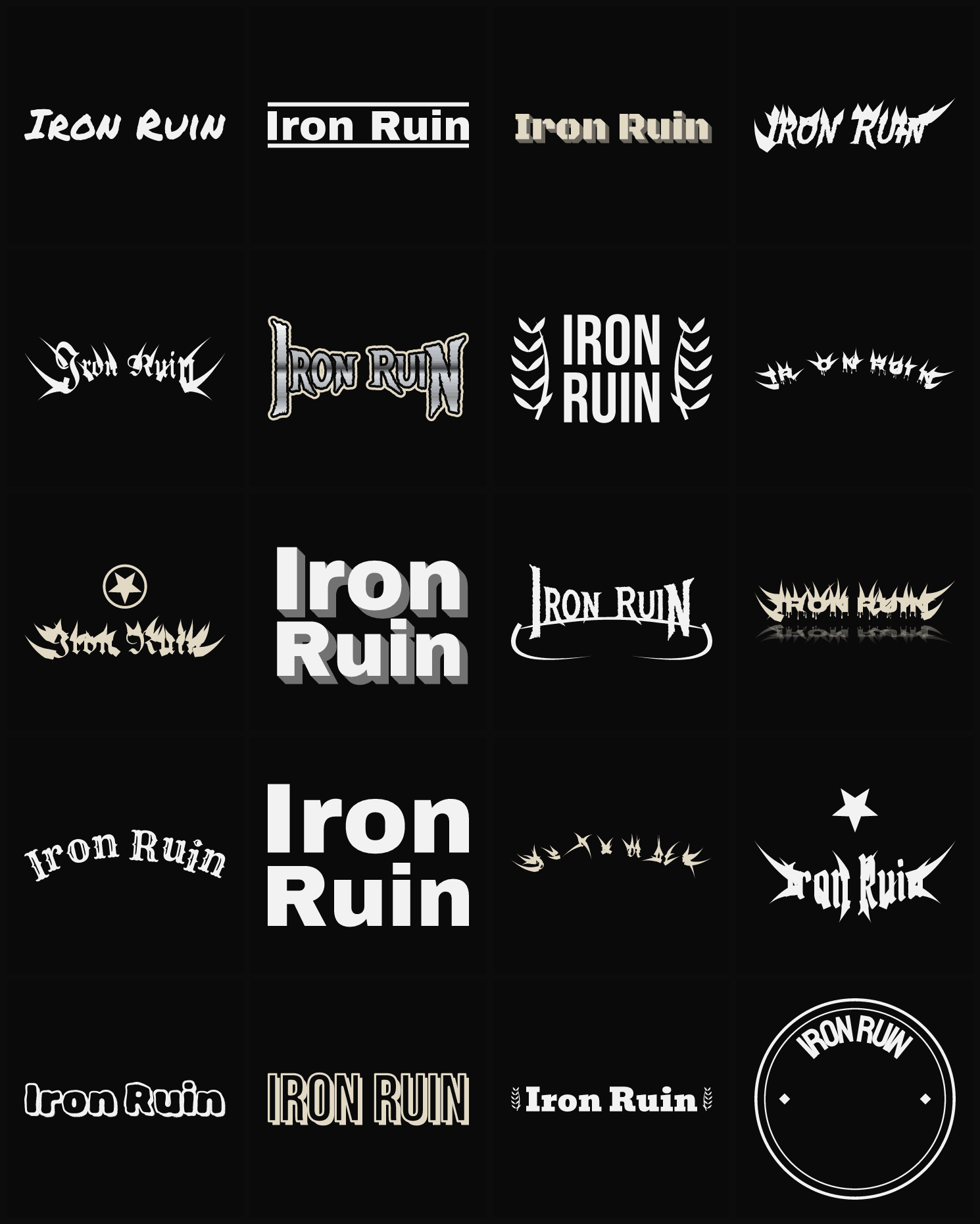 Twenty Iron Ruin band logo ideas — different faces, treatments and spike settings