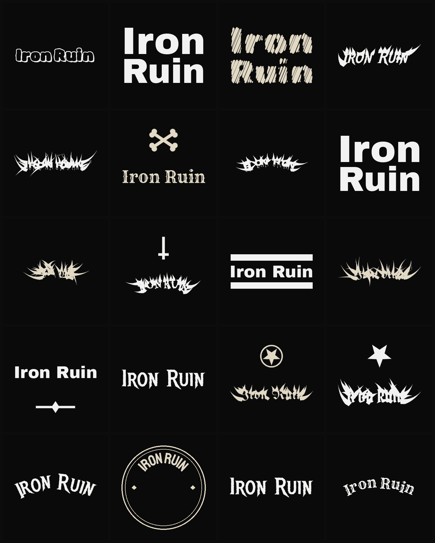 Twenty Iron Ruin band logo ideas — different faces, treatments and spike settings