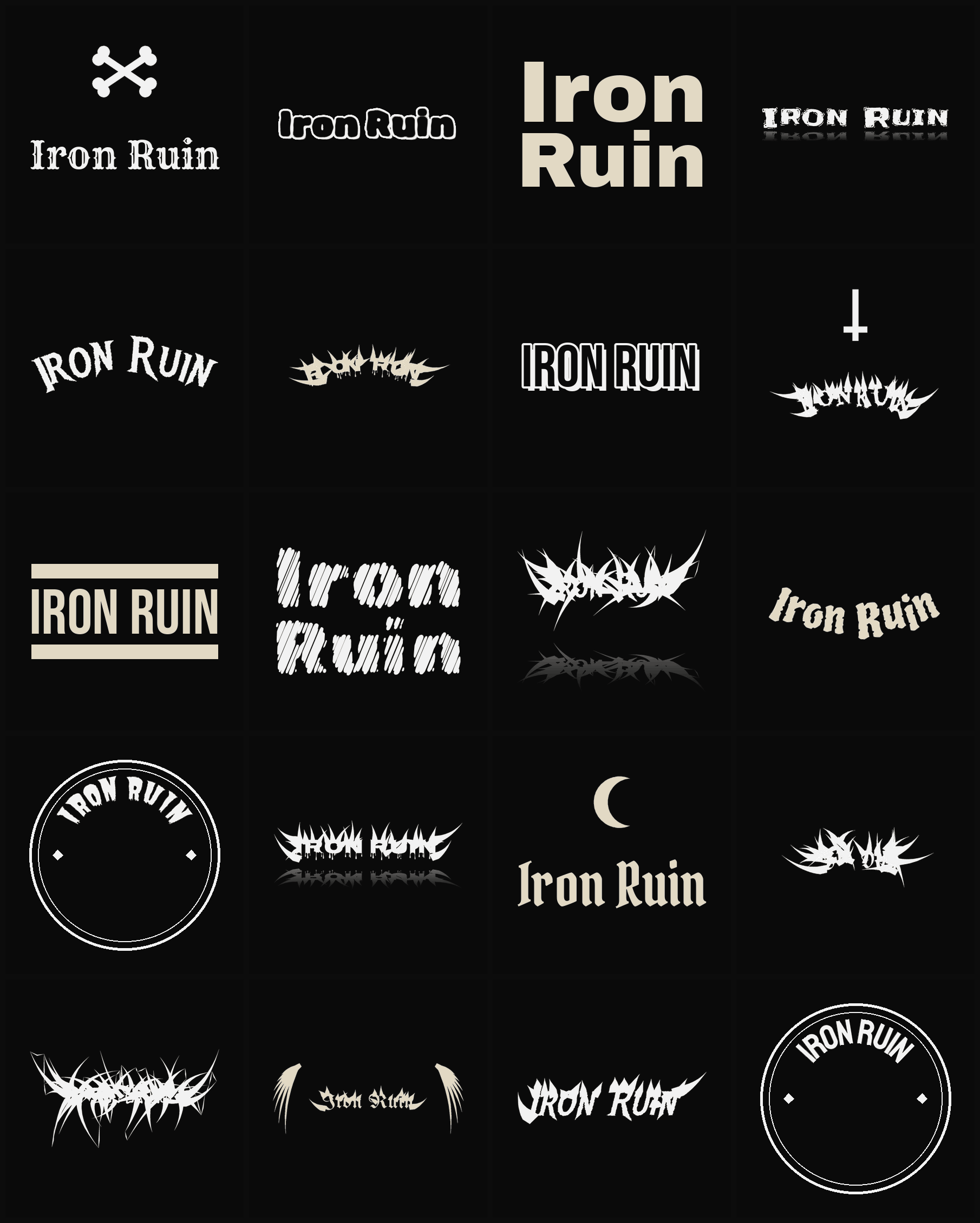 Twenty Iron Ruin band logo ideas — different faces, treatments and spike settings