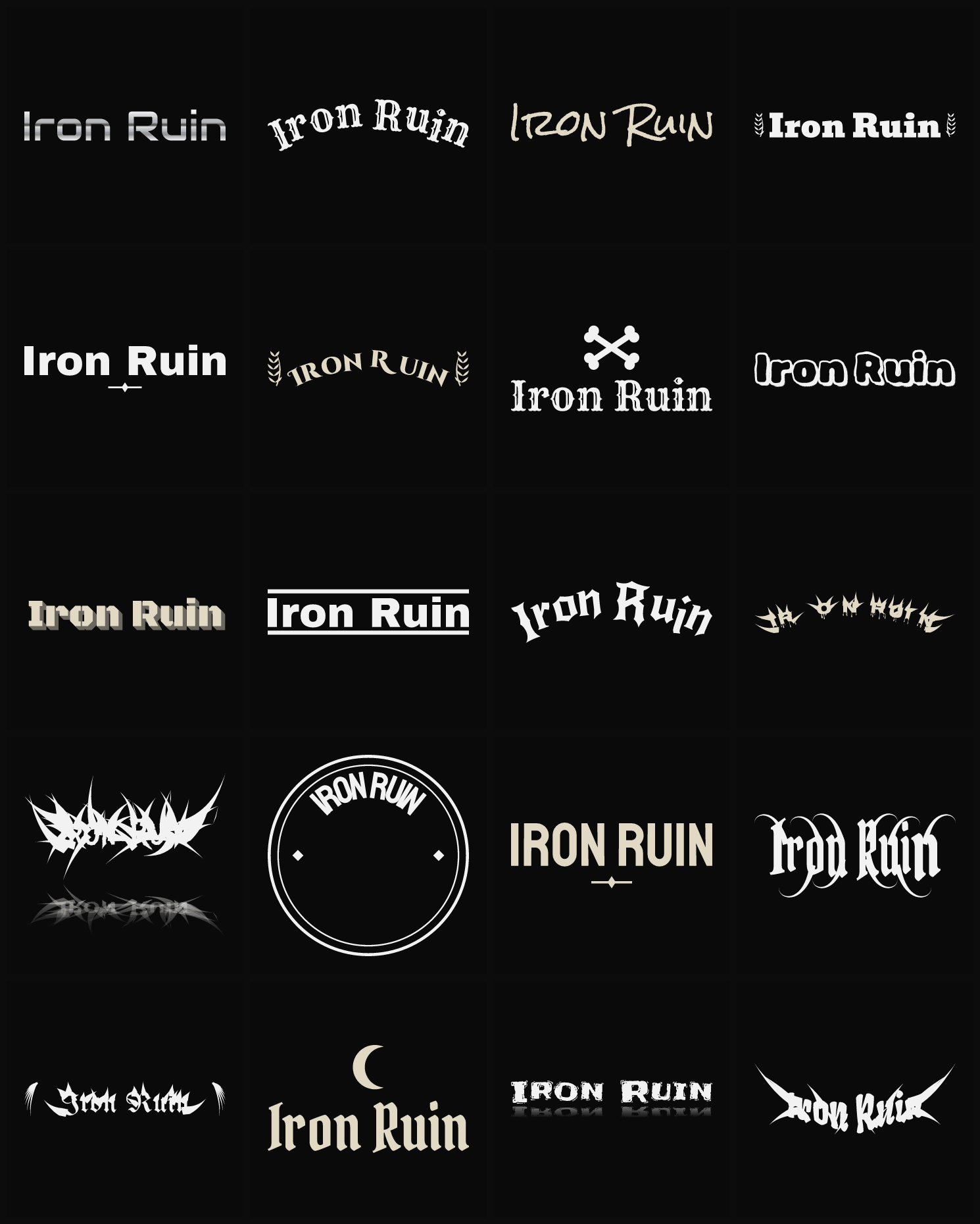 Twenty Iron Ruin band logo ideas — different faces, treatments and spike settings