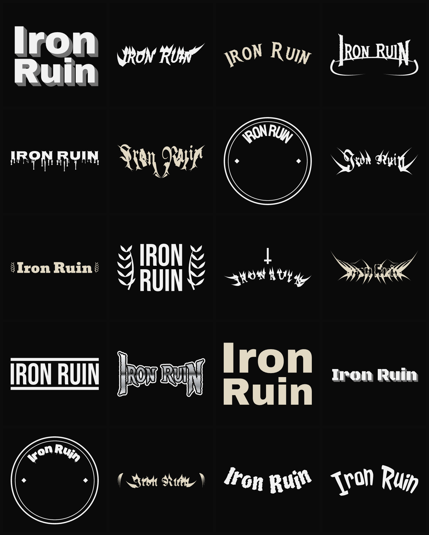 Twenty Iron Ruin band logo ideas — different faces, treatments and spike settings