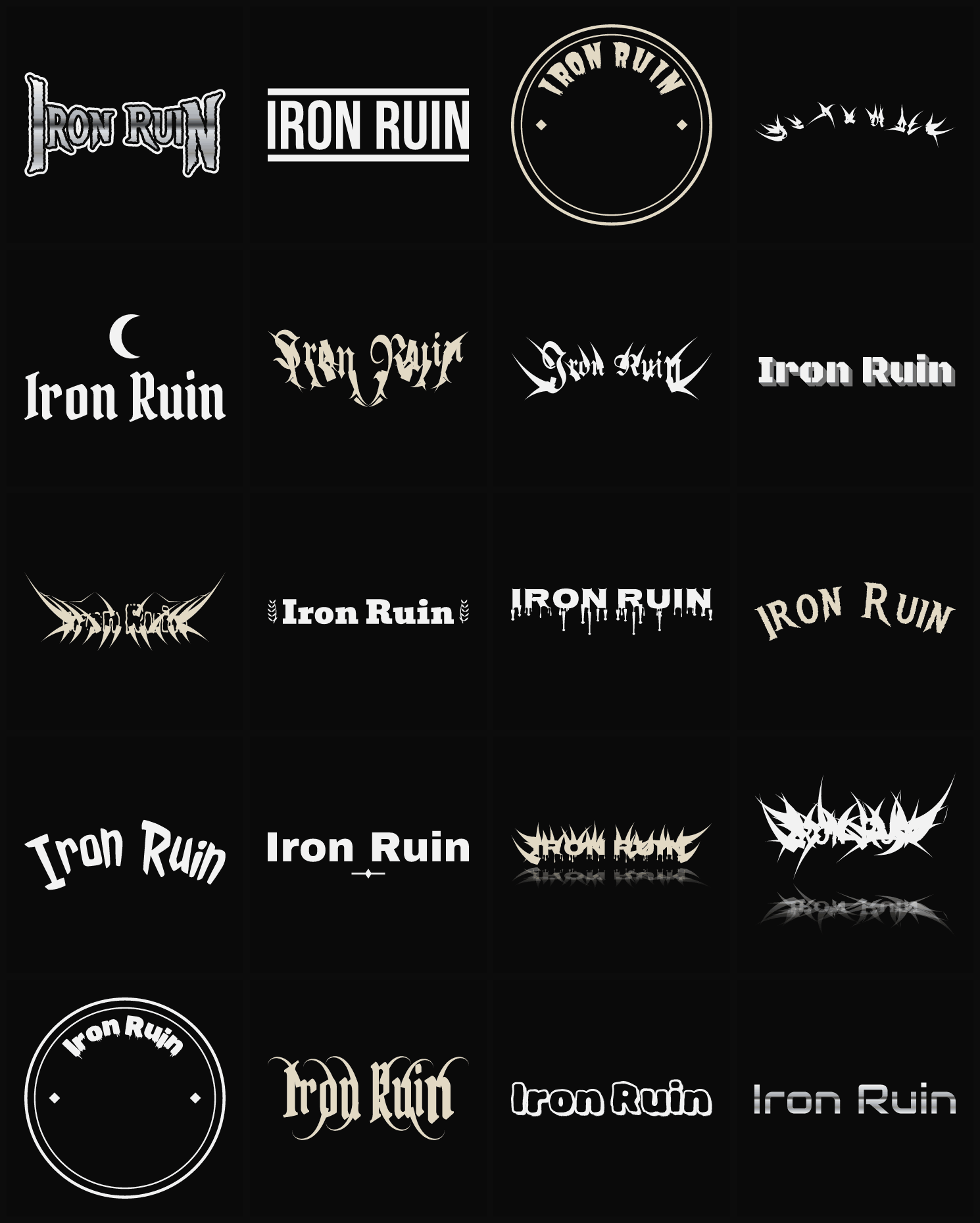 Twenty Iron Ruin band logo ideas — different faces, treatments and spike settings