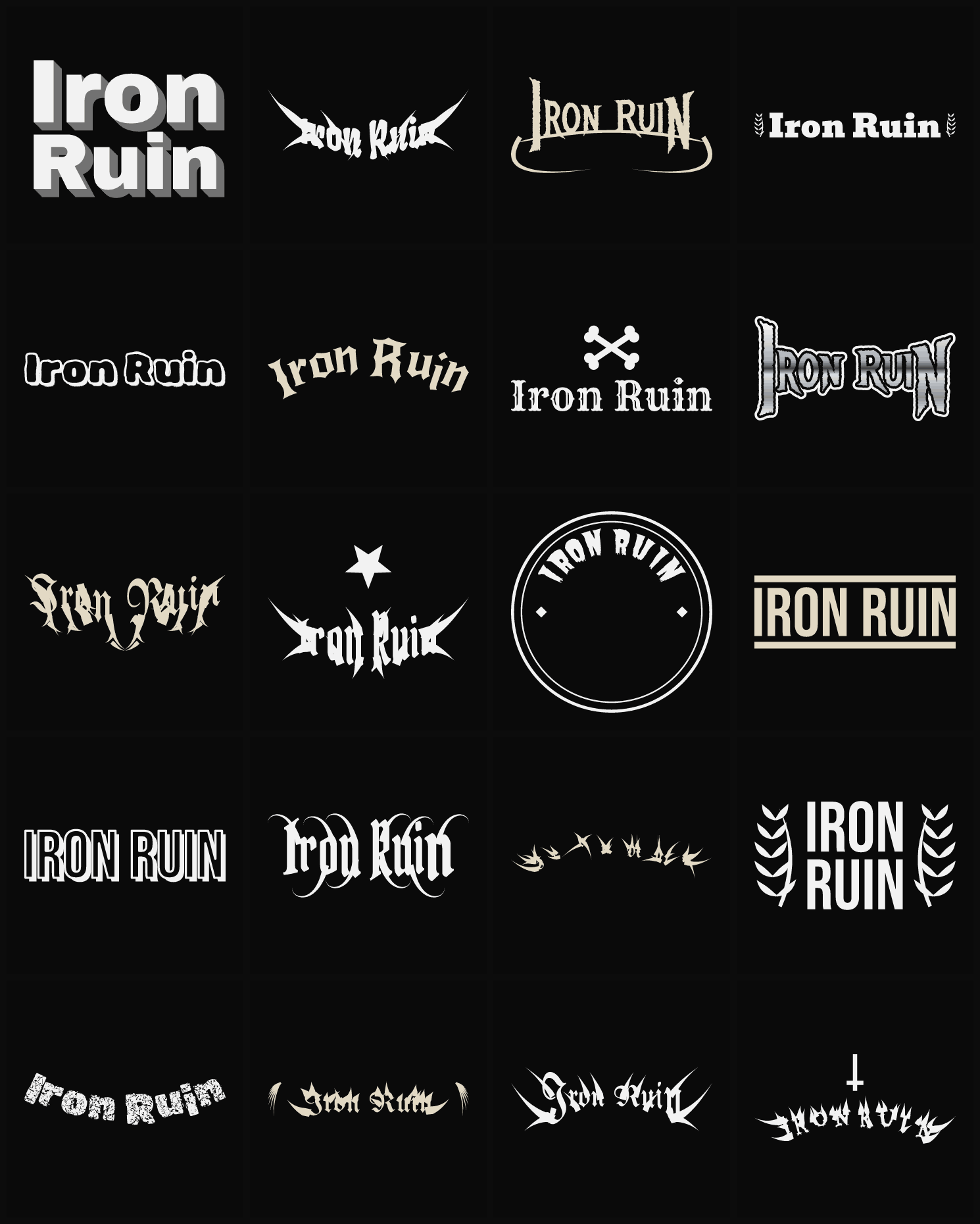 Twenty Iron Ruin band logo ideas — different faces, treatments and spike settings