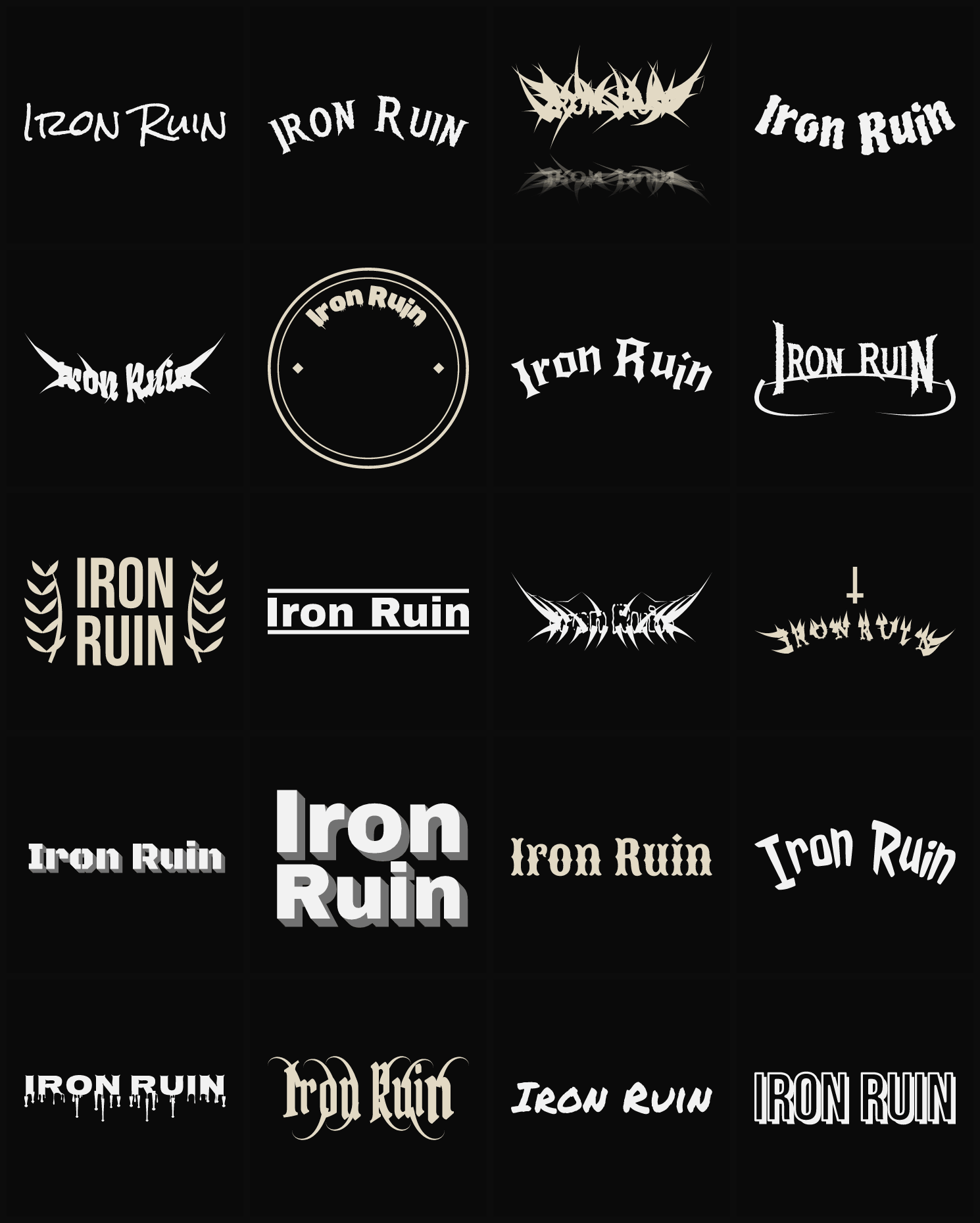 Twenty Iron Ruin band logo ideas — different faces, treatments and spike settings