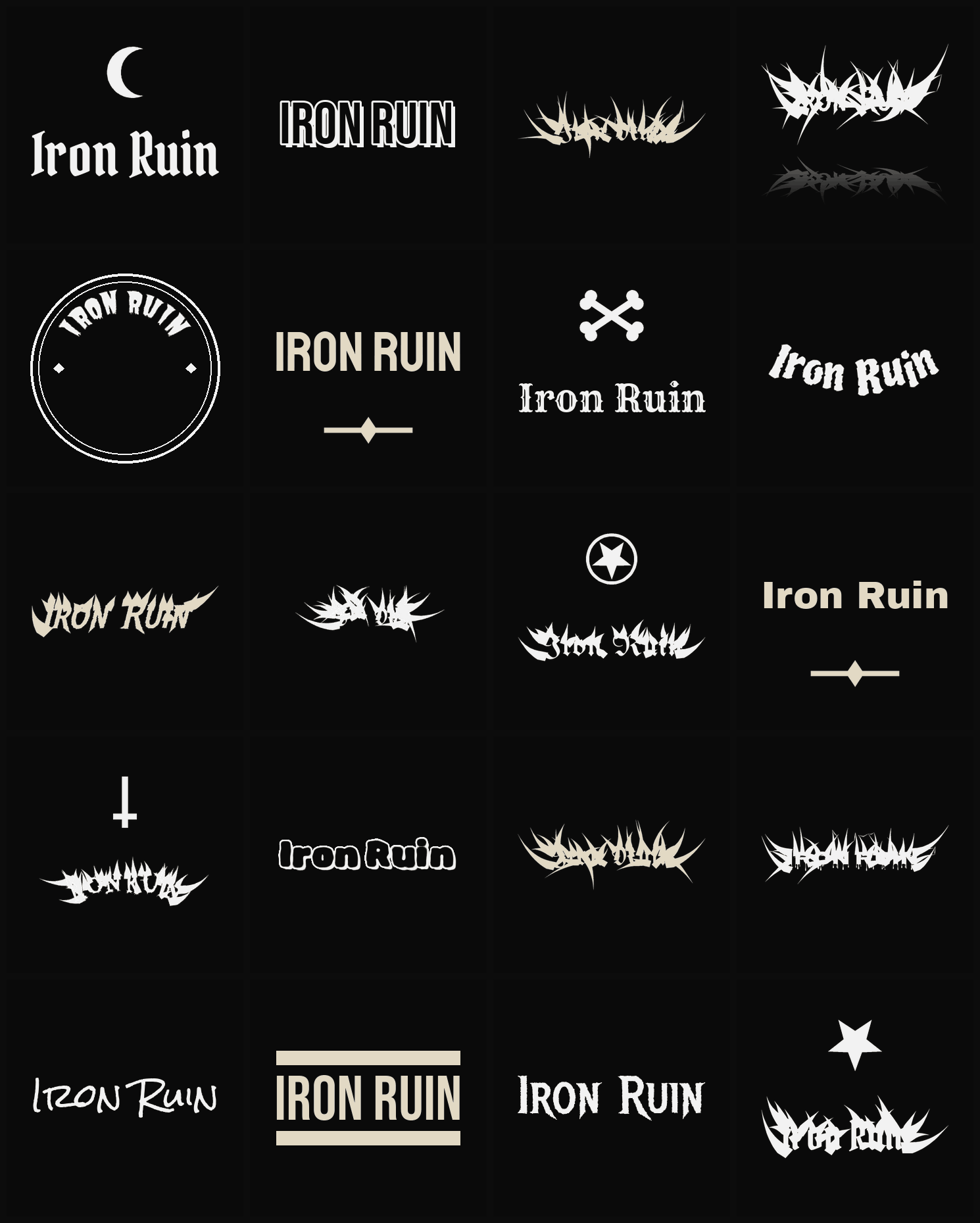 Twenty Iron Ruin band logo ideas — different faces, treatments and spike settings