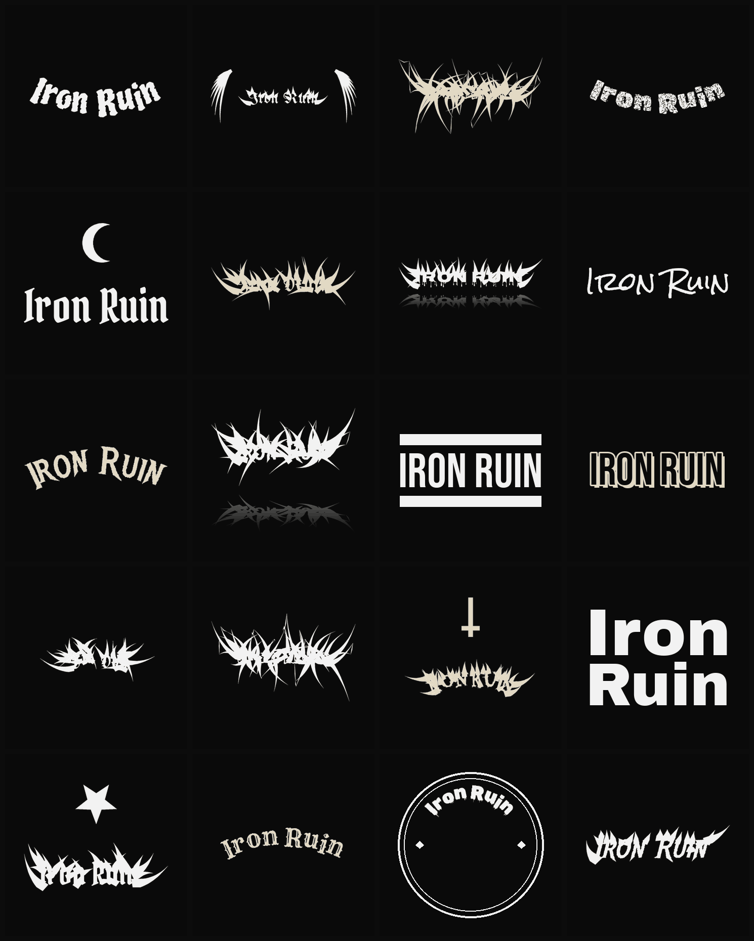 Twenty Iron Ruin band logo ideas — different faces, treatments and spike settings