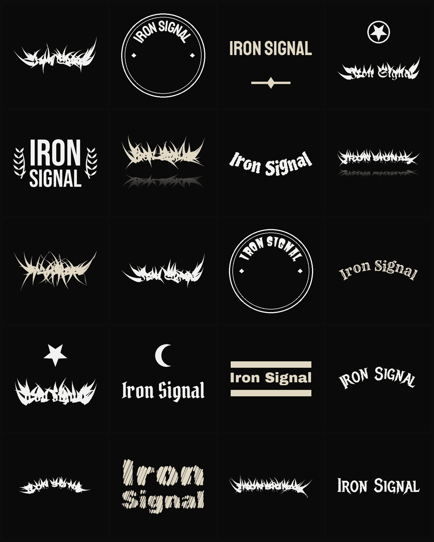 Twenty Iron Signal band logo ideas — different faces, treatments and spike settings