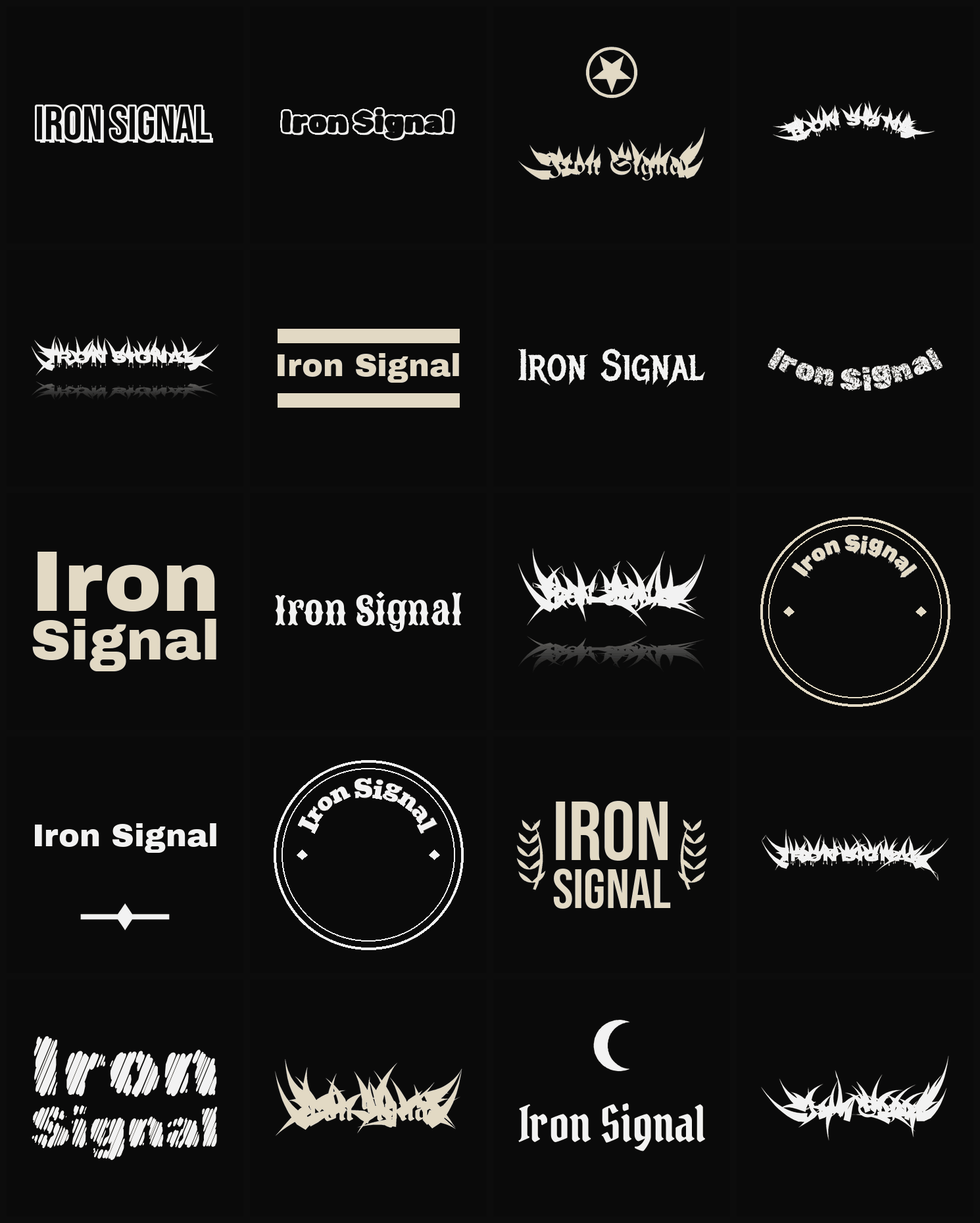 Twenty Iron Signal band logo ideas — different faces, treatments and spike settings