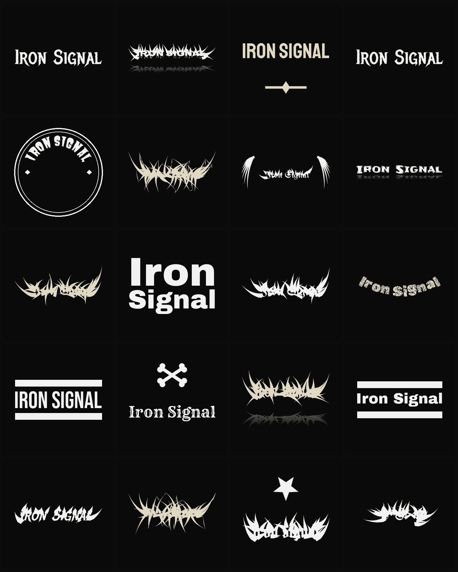 Twenty Iron Signal band logo ideas — different faces, treatments and spike settings