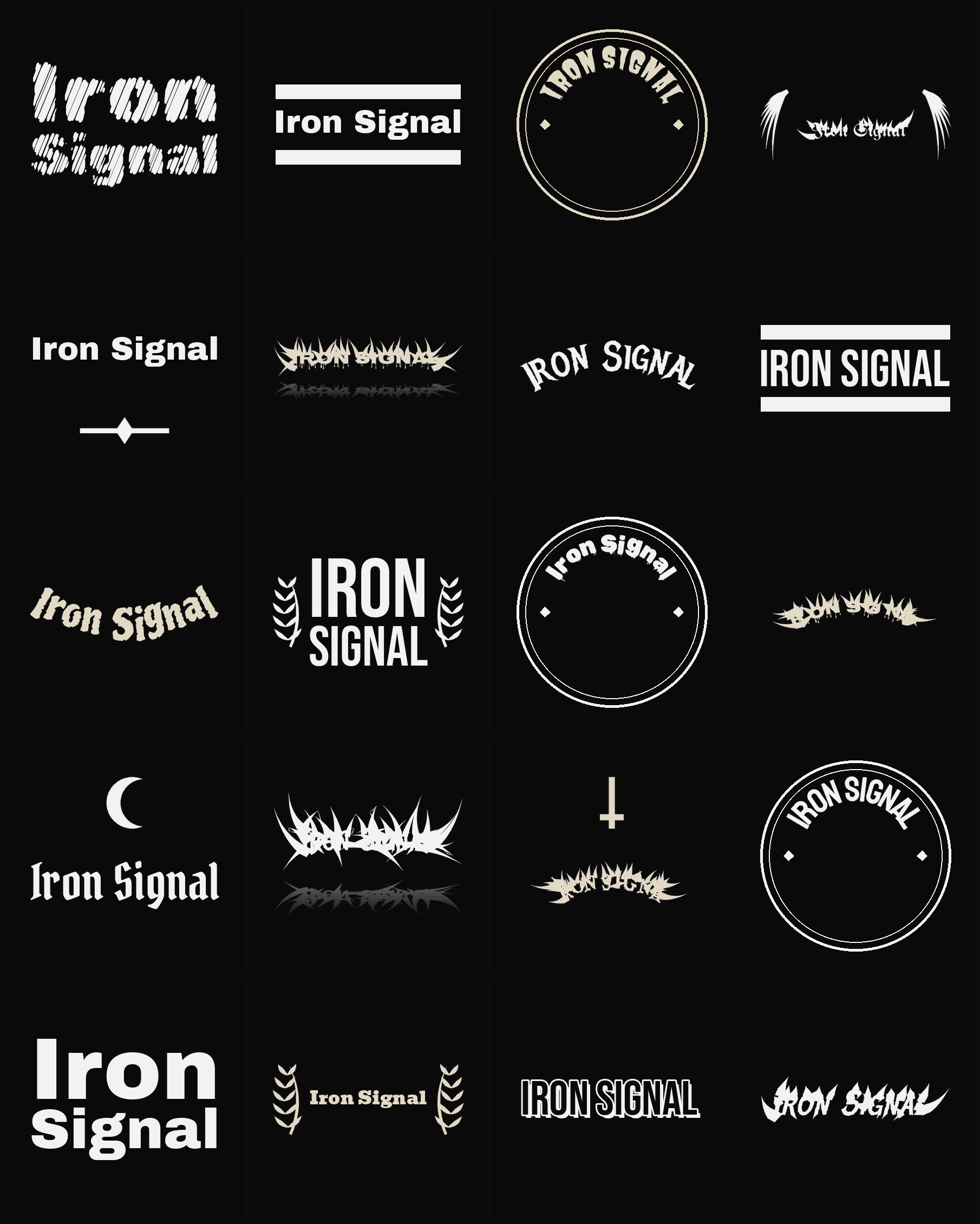 Twenty Iron Signal band logo ideas — different faces, treatments and spike settings
